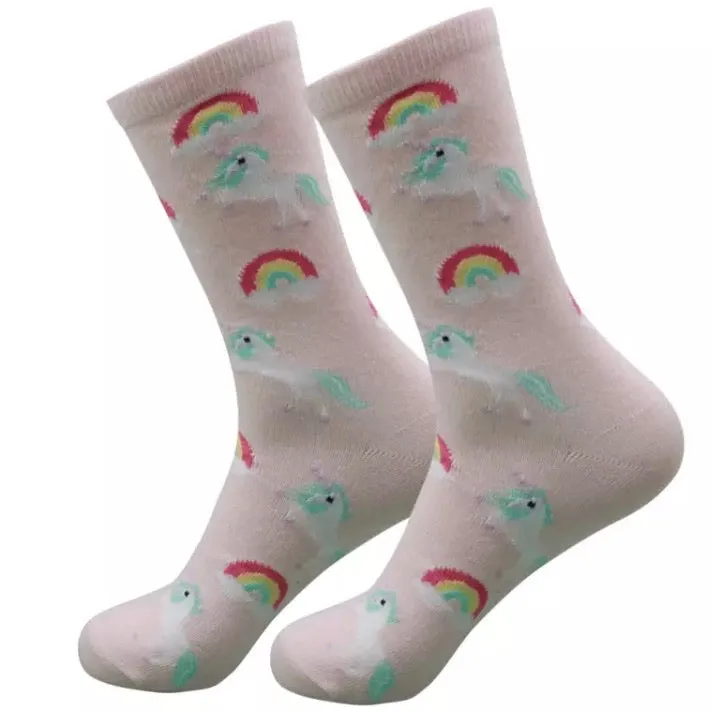 💝 Crew Socks: Unicorns ~ Pale Pink w/Rainbows