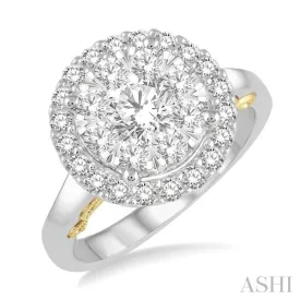 1 1/2 Ctw round Diamond Lovebright Solitaire Style Halo Engagement Ring in 14K White and Yellow Gold