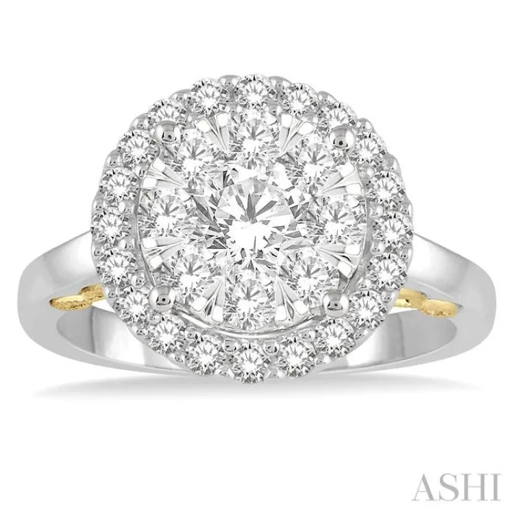 1 1/2 Ctw round Diamond Lovebright Solitaire Style Halo Engagement Ring in 14K White and Yellow Gold