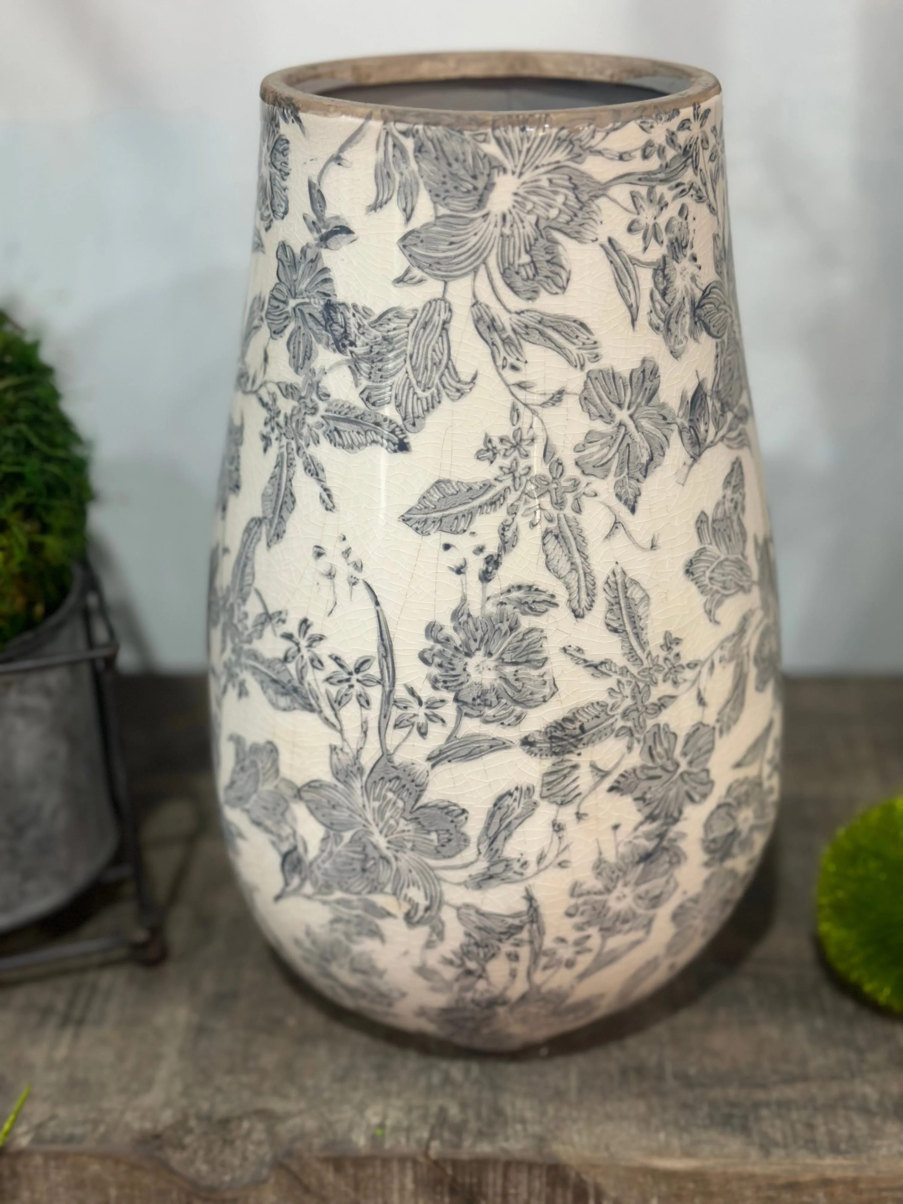 10” White & Black Floral Ceramic Vase