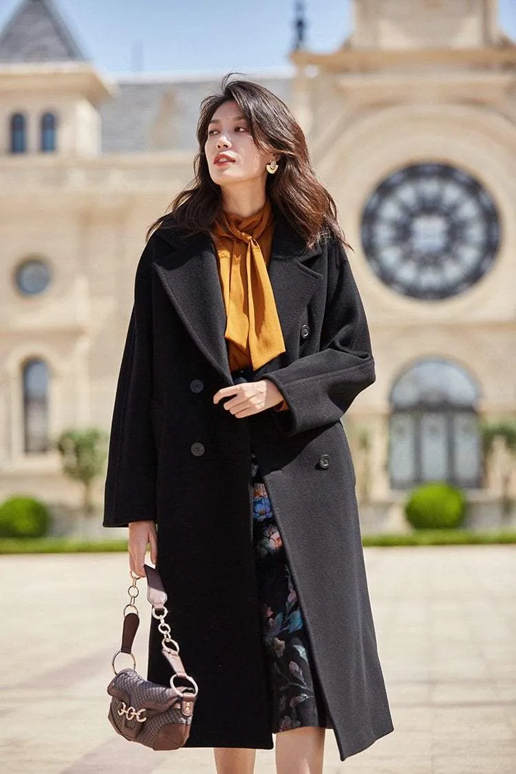 100% Wool Elegant Double Breasted Belted Warm Wool Coat