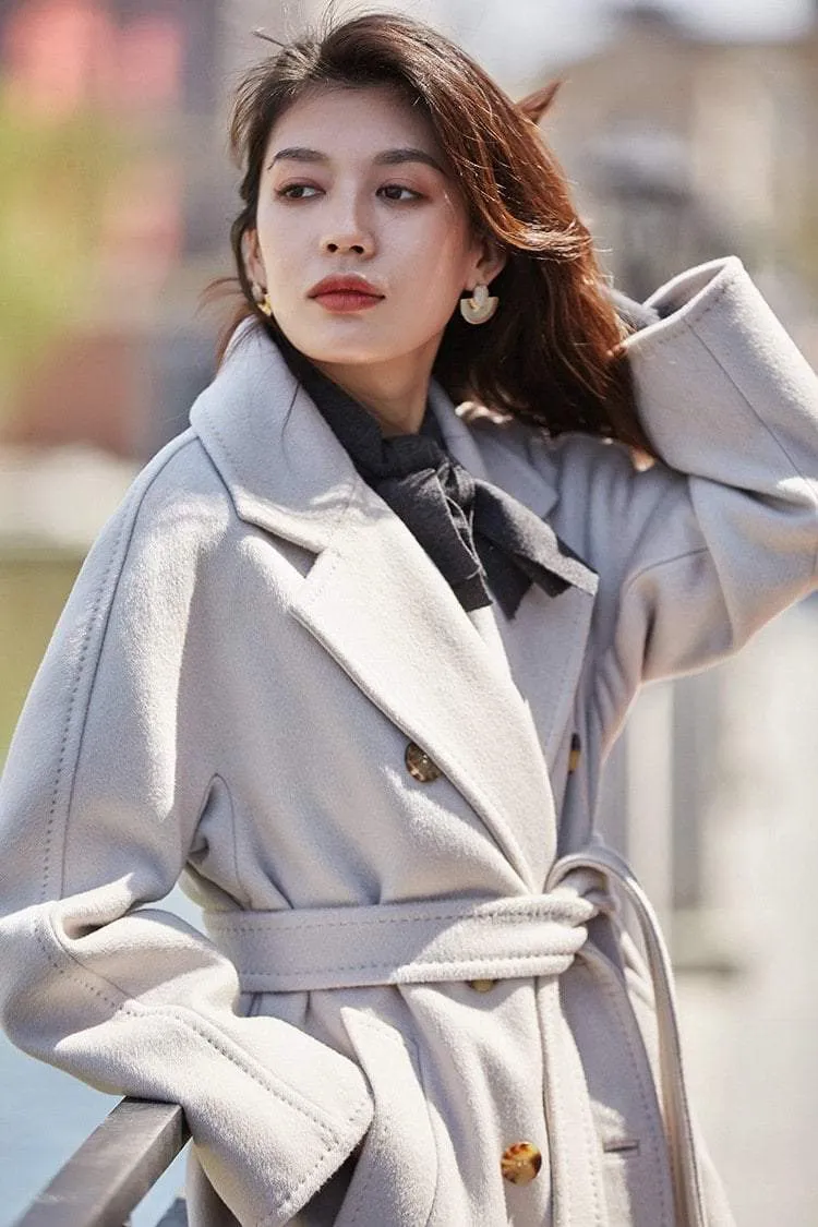 100% Wool Elegant Double Breasted Belted Warm Wool Coat