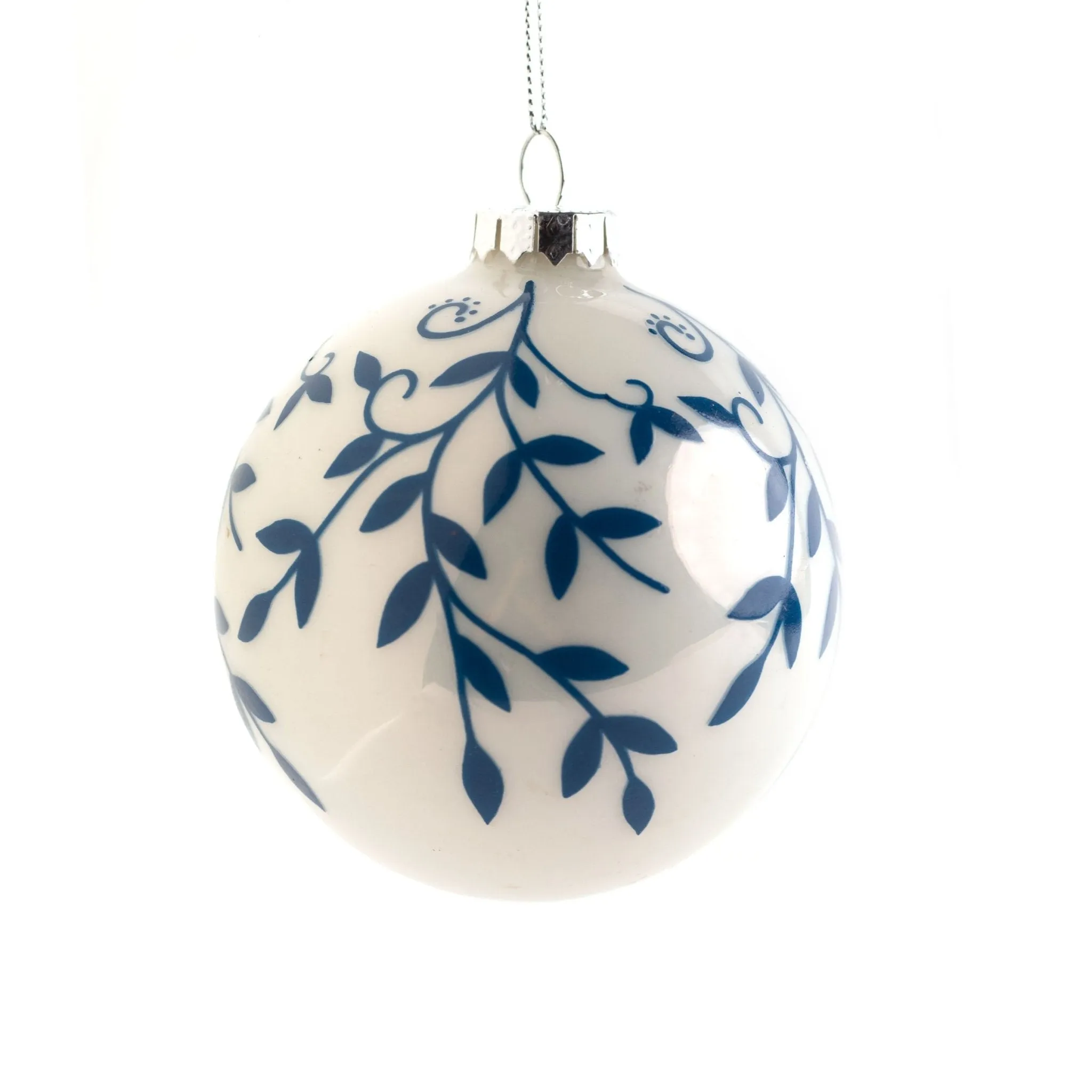 10cm White Blue Round Glass Ornament OGS032