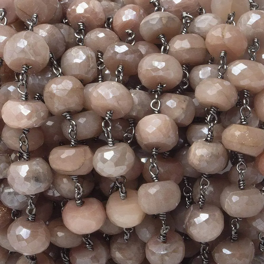 10mm Mystic Angel Skin Peach Moonstone faceted rondelle Black Gold Chain by the foot 21 pcs