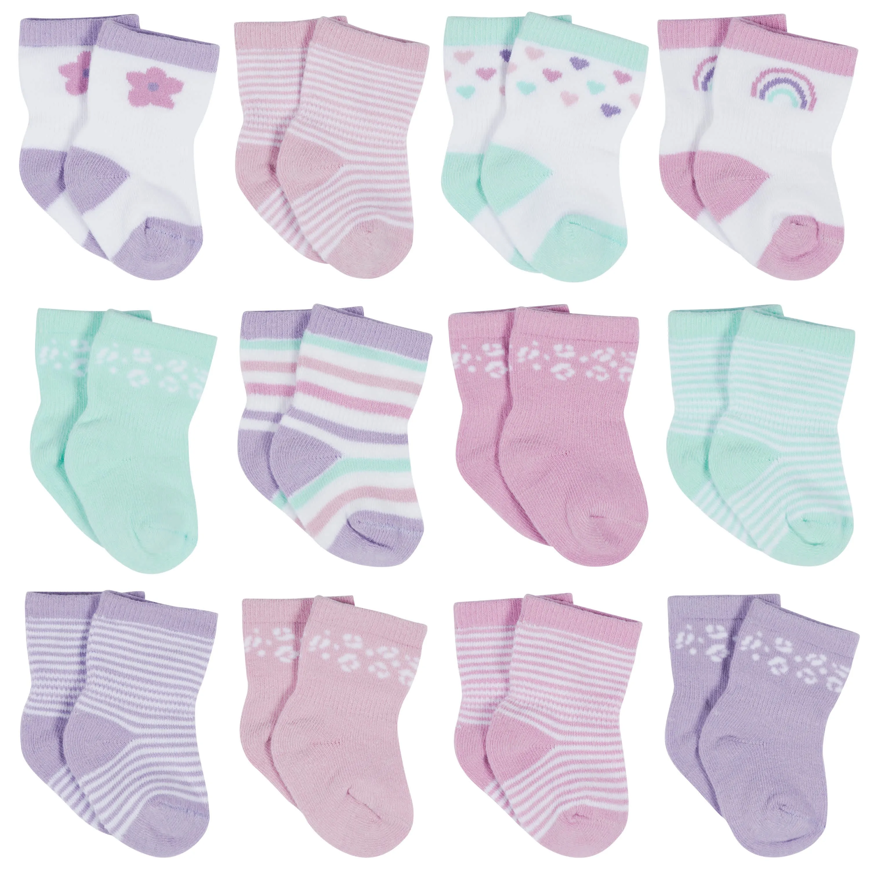 12-Pack Baby & Toddler Girls Rainbow Floral Jersey Crew Wiggle Proof® Socks