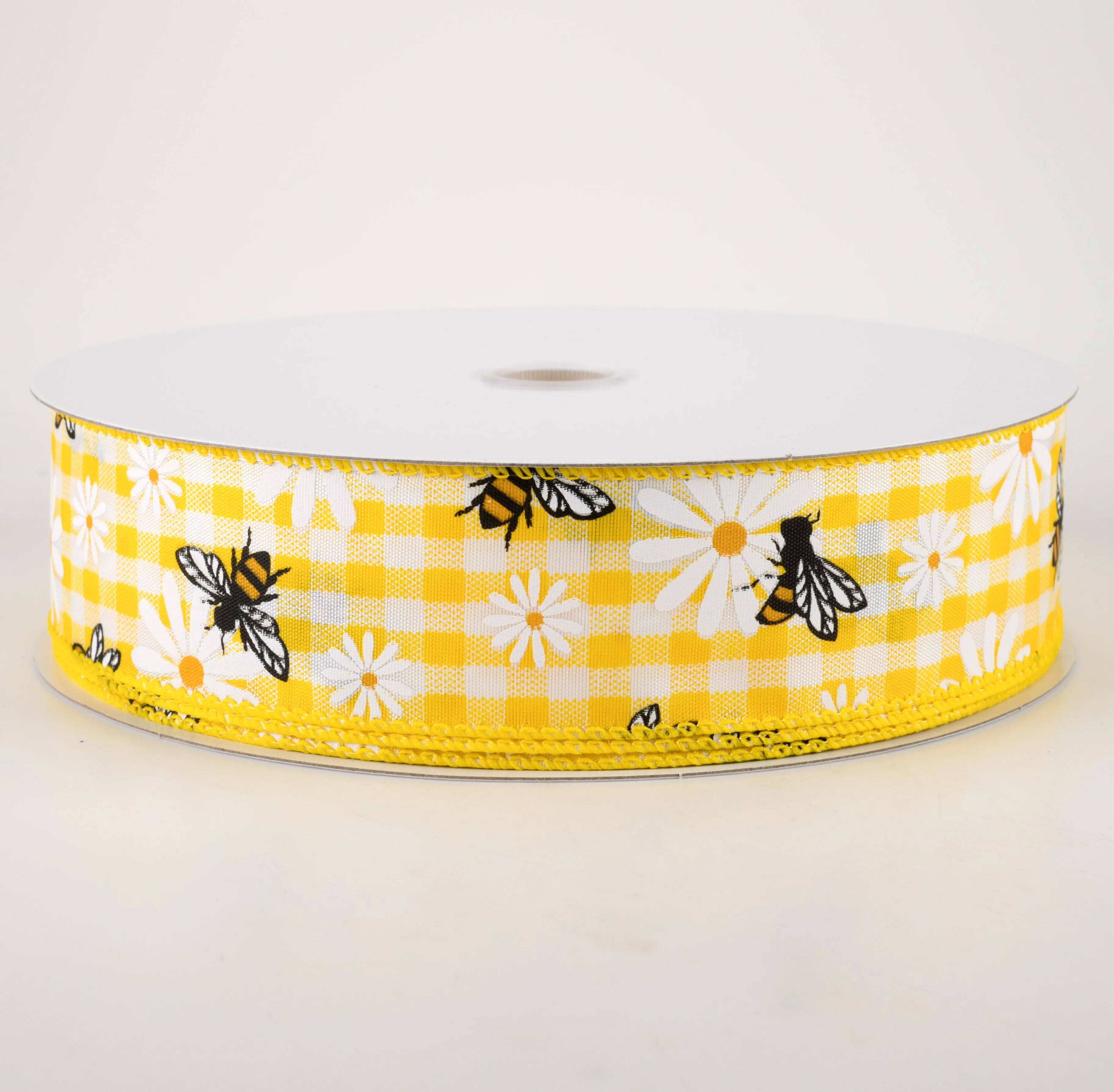 1.5" Daisies & Bees Ribbon: Yellow & White Gingham (50 Yards)