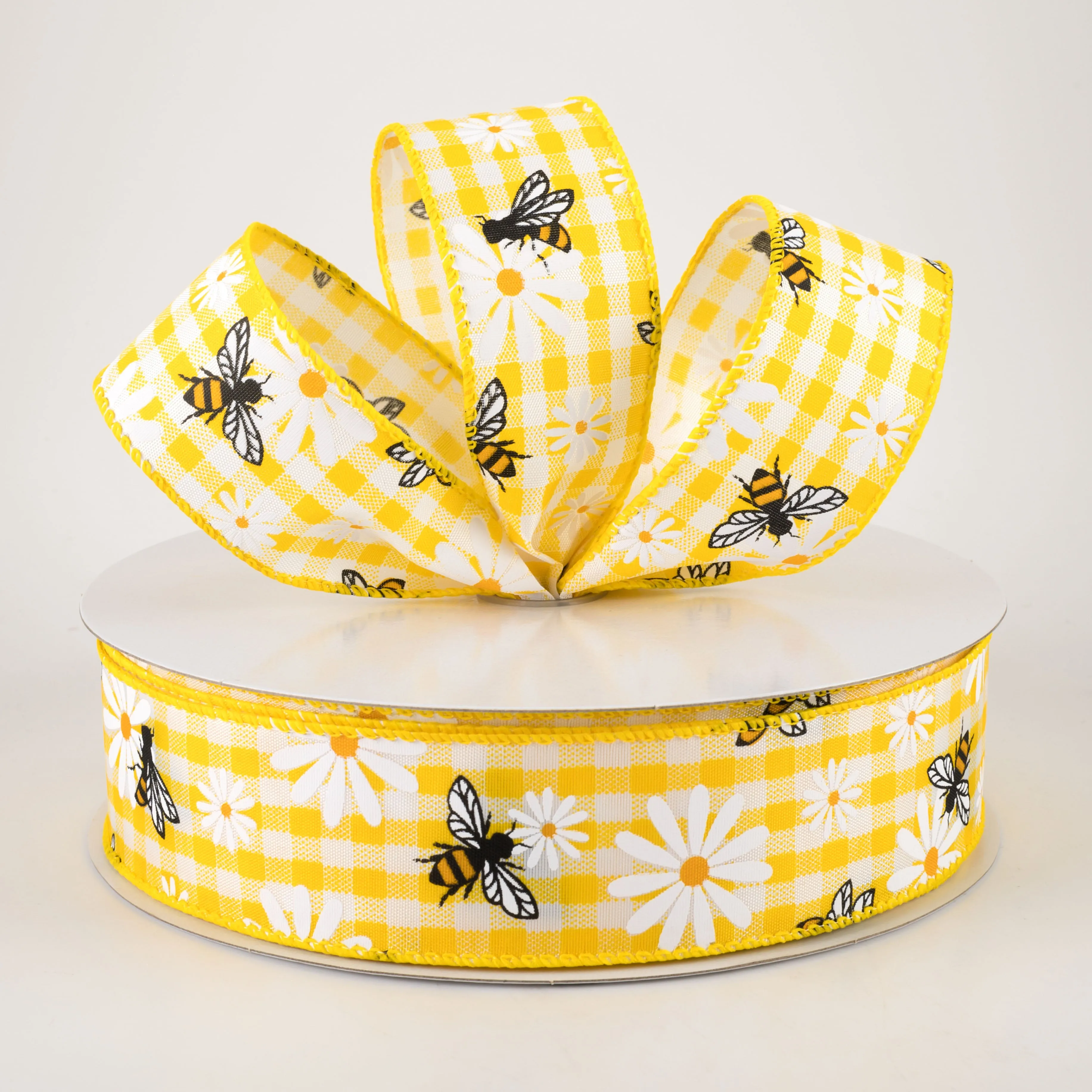 1.5" Daisies & Bees Ribbon: Yellow & White Gingham (50 Yards)