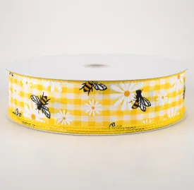 1.5" Daisies & Bees Ribbon: Yellow & White Gingham (50 Yards)