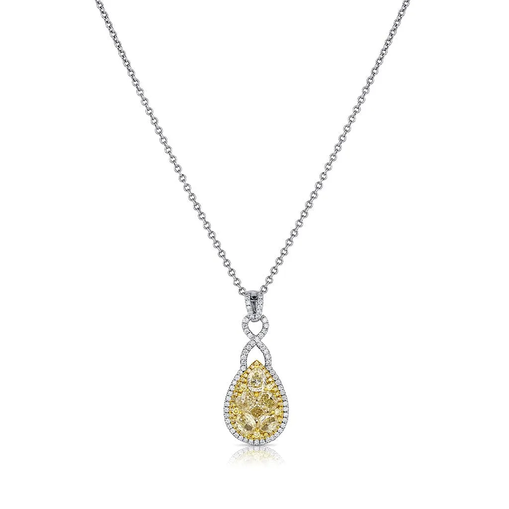 18k Gold Yellow and White Diamond Teardrop Cluster Pendant Necklace