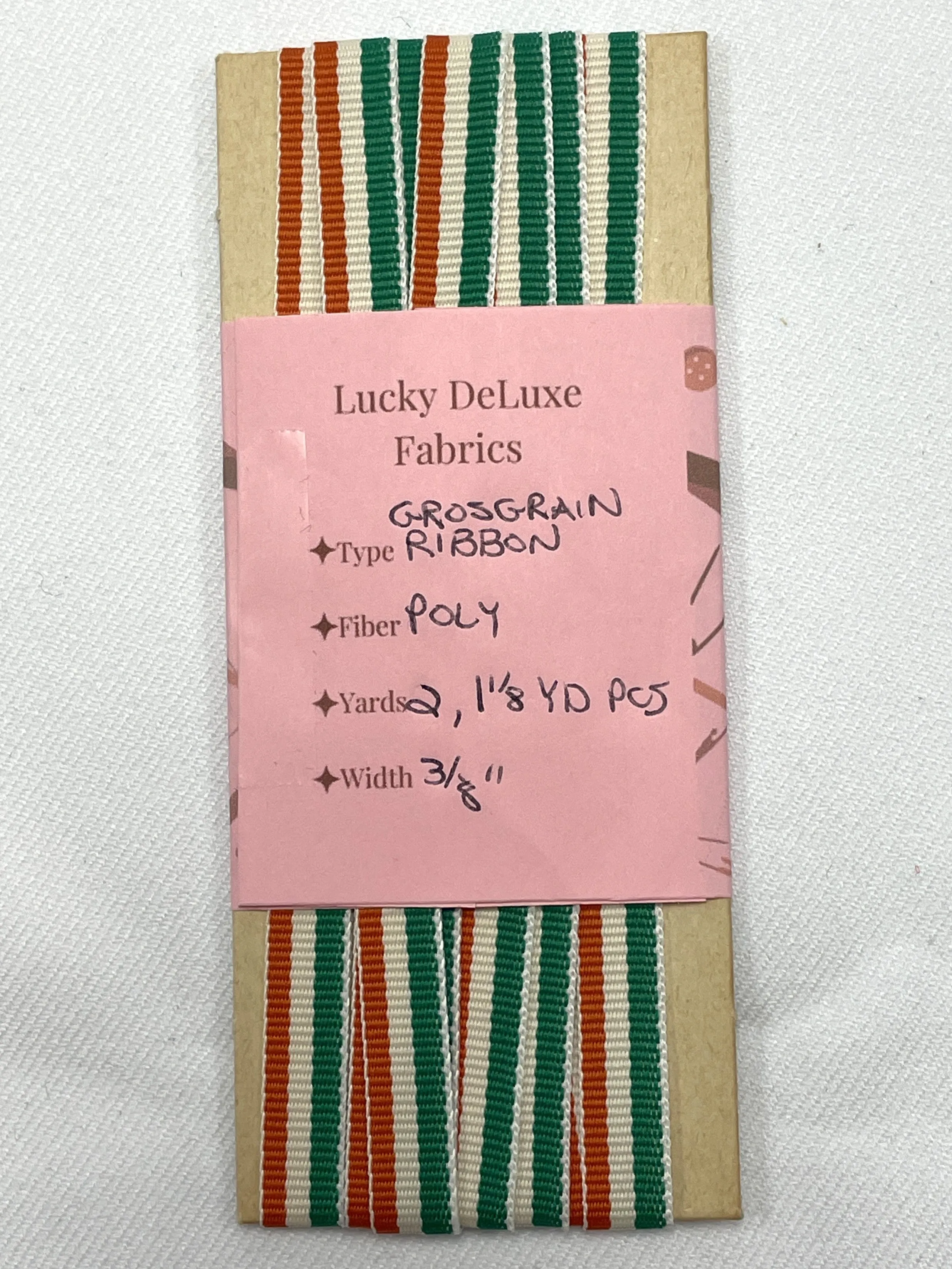 2  YD Polyester Grosgrain Yarn-Dyed Striped Ribbon - Orange, Off White and Green