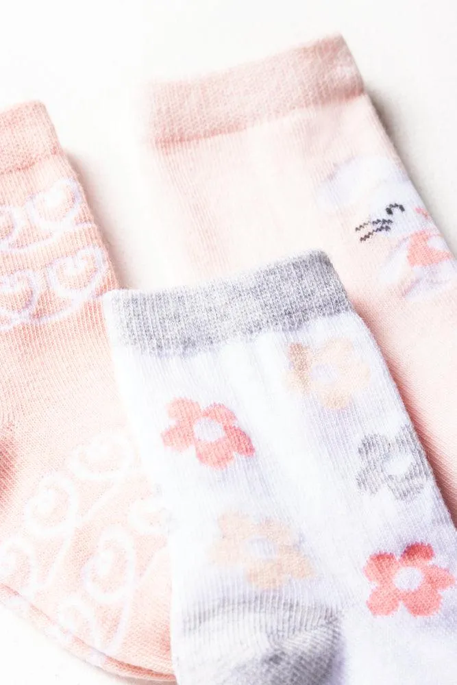 3 Pack Flower Bunny Socks Pink