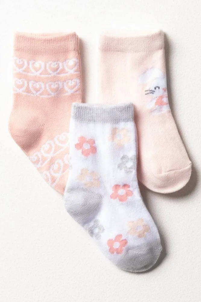 3 Pack Flower Bunny Socks Pink