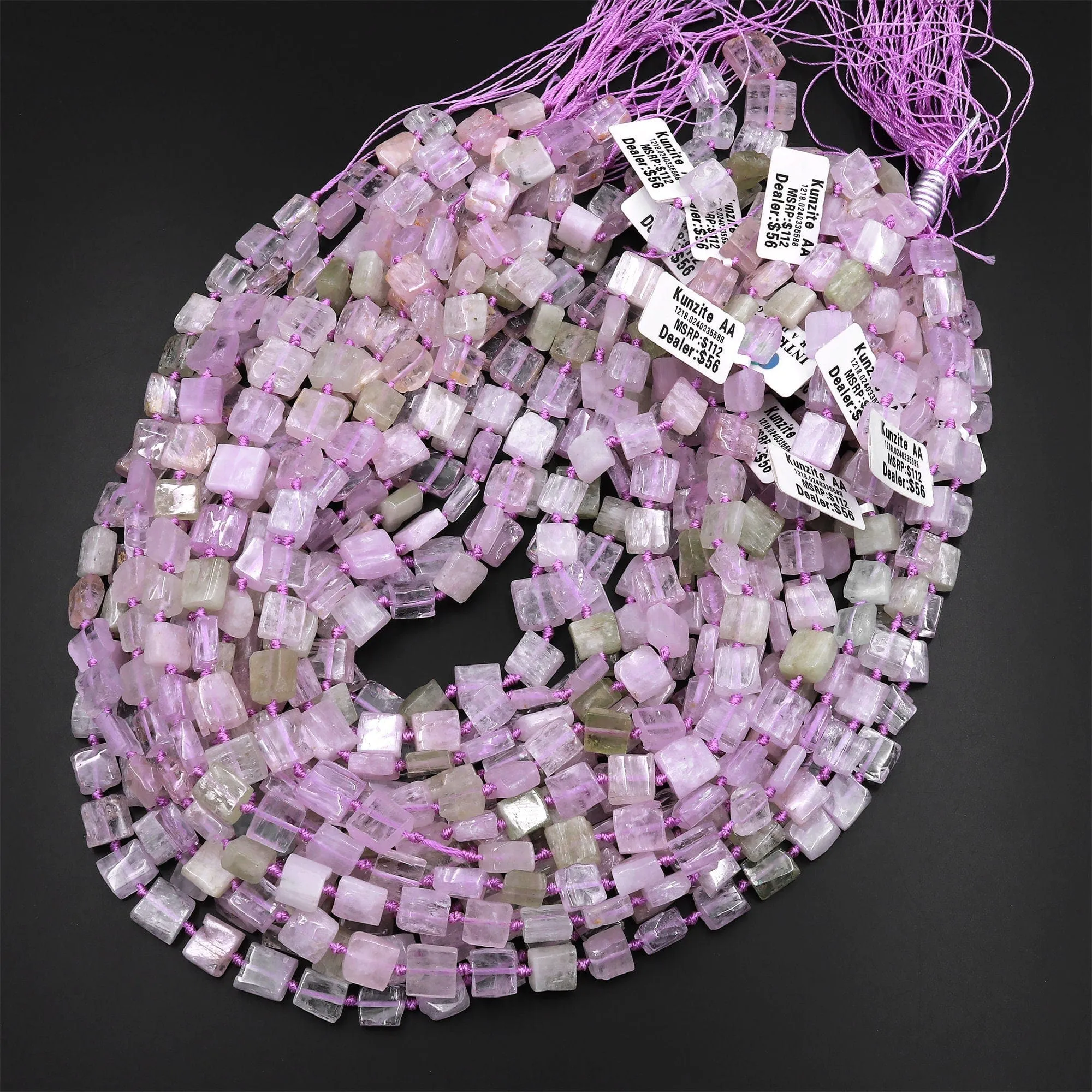 AA Natural Lilac Pink Green Kunzite Square Cushion Beads Hand Cut Flat Slice Gemstone 15.5" Strand