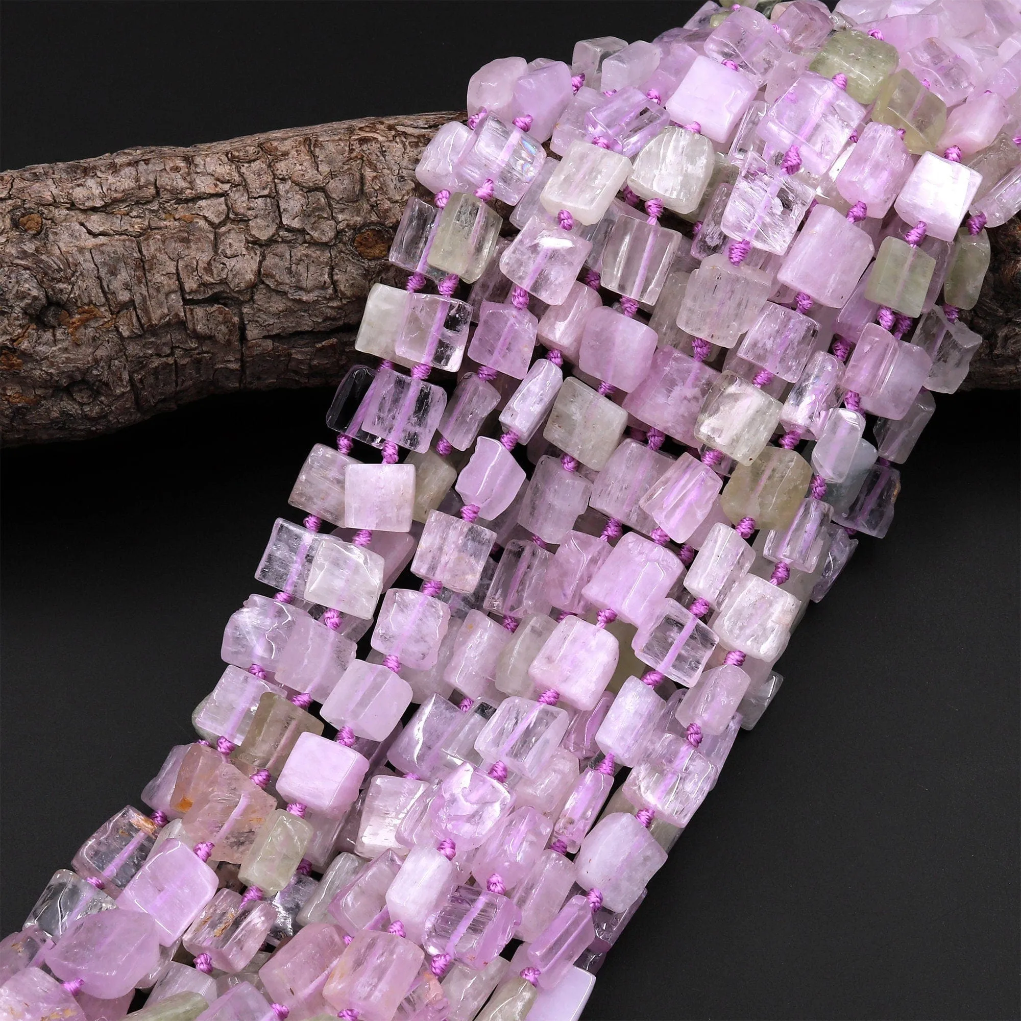 AA Natural Lilac Pink Green Kunzite Square Cushion Beads Hand Cut Flat Slice Gemstone 15.5" Strand