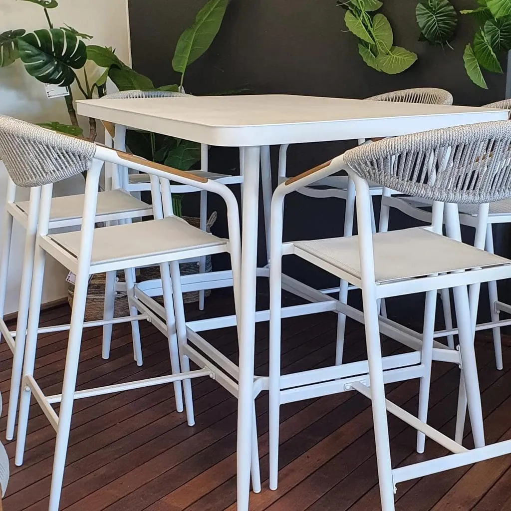 Amalfi Bar Stool in Arctic White Aluminium Frame, Olefin Rope with Polywood Teak Accent and Stone Grey Textilene