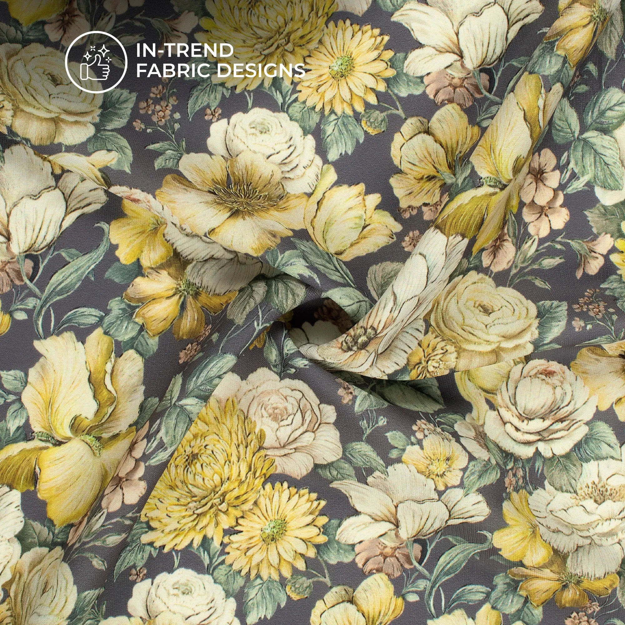 Anchor Grey And Beige Floral Digital Print BSY Crepe Fabric