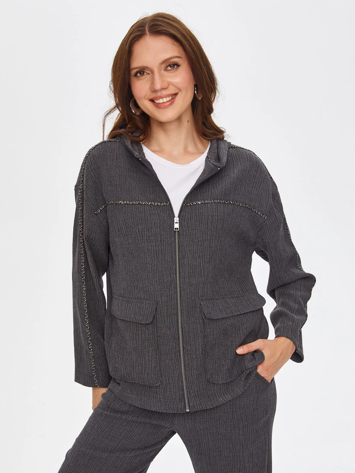 Anthracite Self Textured Knitted Jacket with Stripe Detail 69177