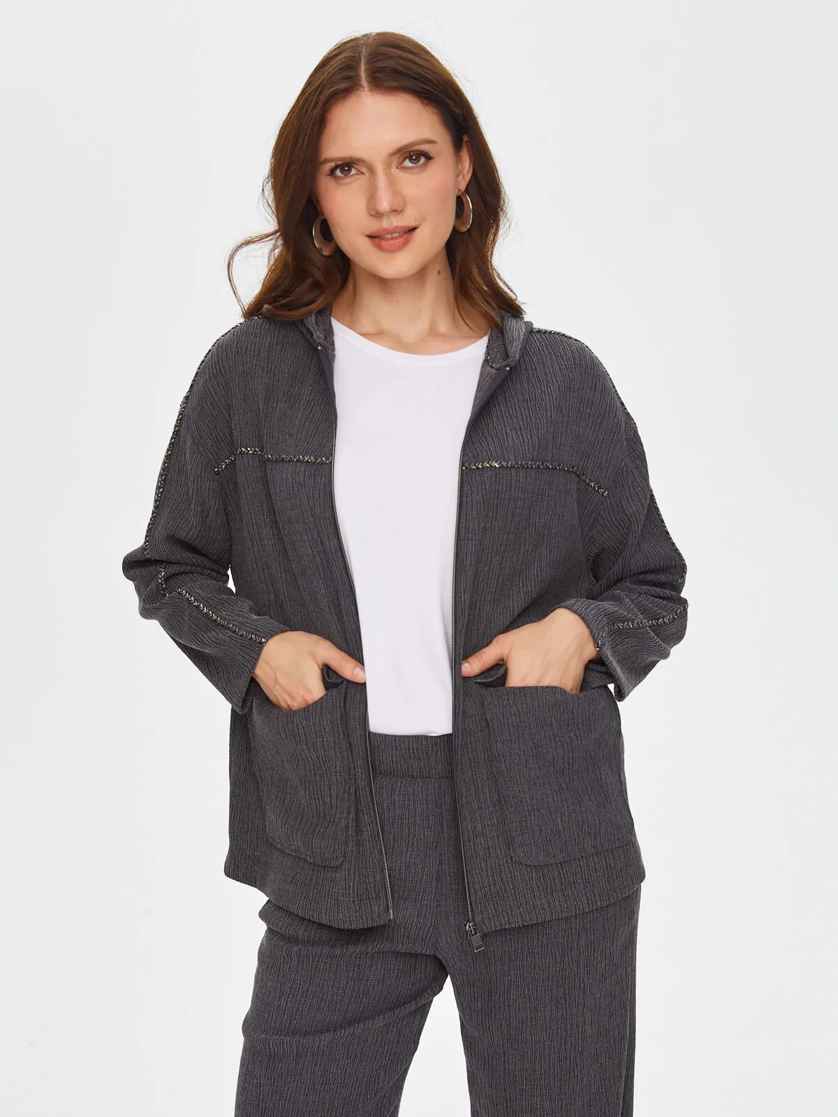 Anthracite Self Textured Knitted Jacket with Stripe Detail 69177