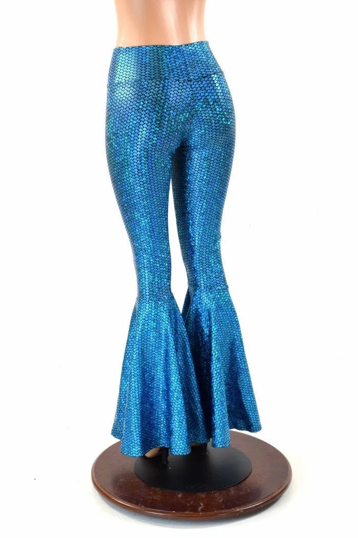 Aquamarine Fish Scale High Waist Mermaid Bell Bottom Flares