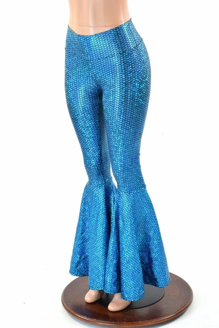 Aquamarine Fish Scale High Waist Mermaid Bell Bottom Flares