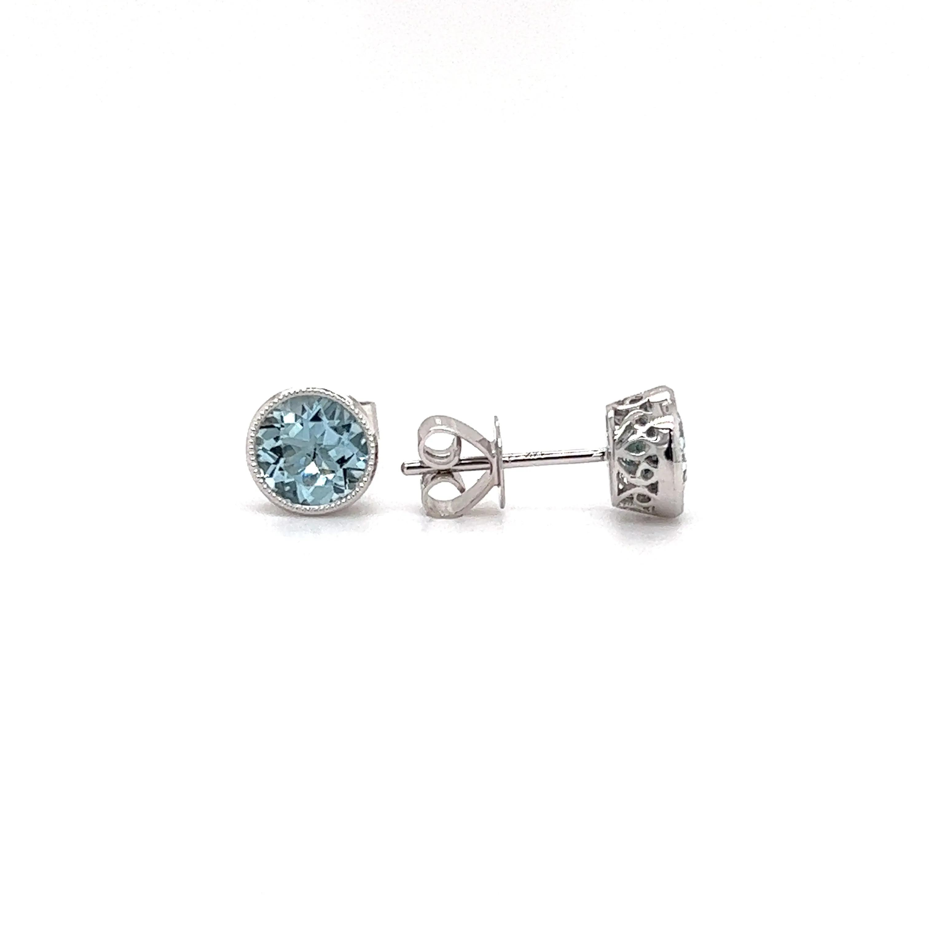 Aquamarine Stud Earrings with Filigree and Milgrain Details in 14K White Gold