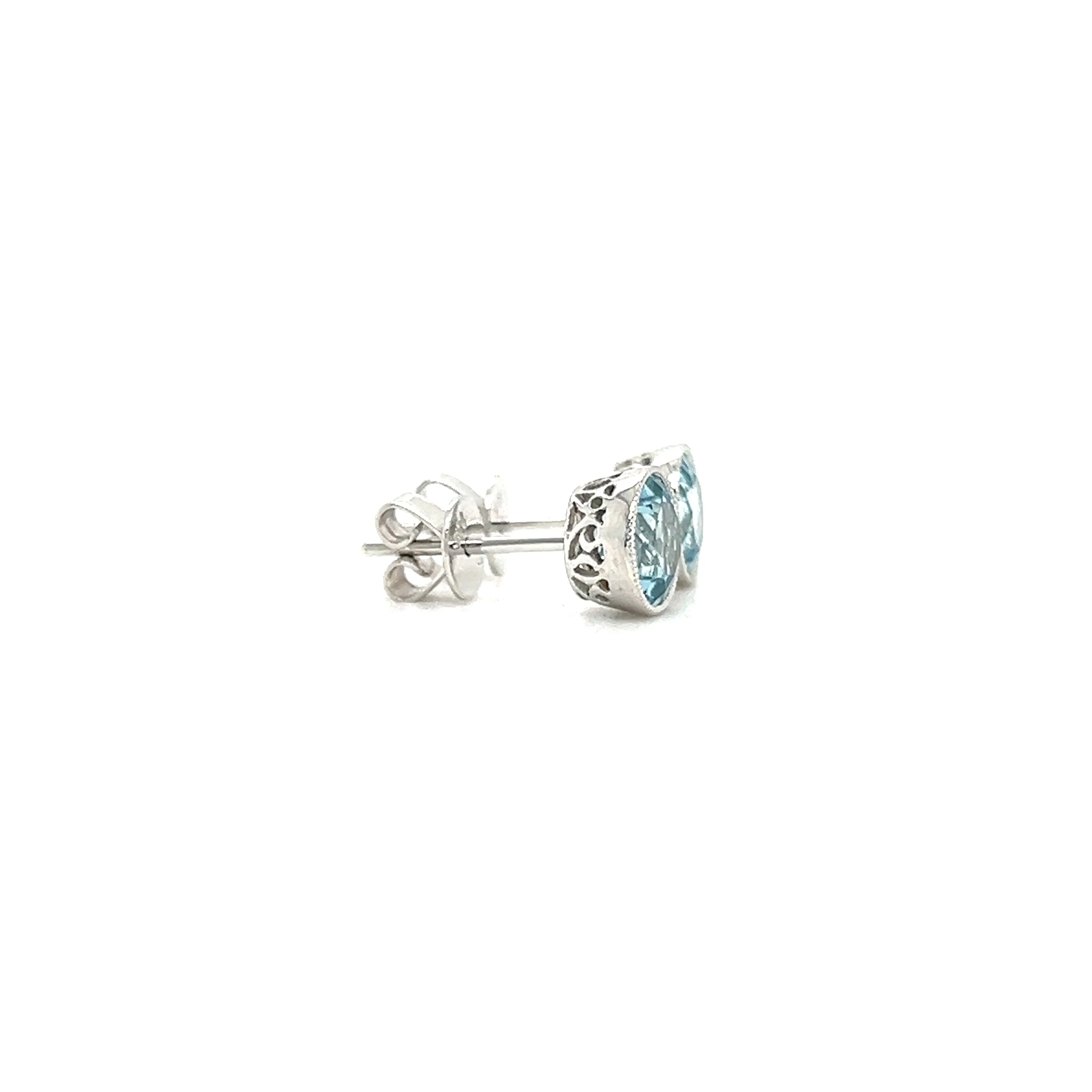 Aquamarine Stud Earrings with Filigree and Milgrain Details in 14K White Gold