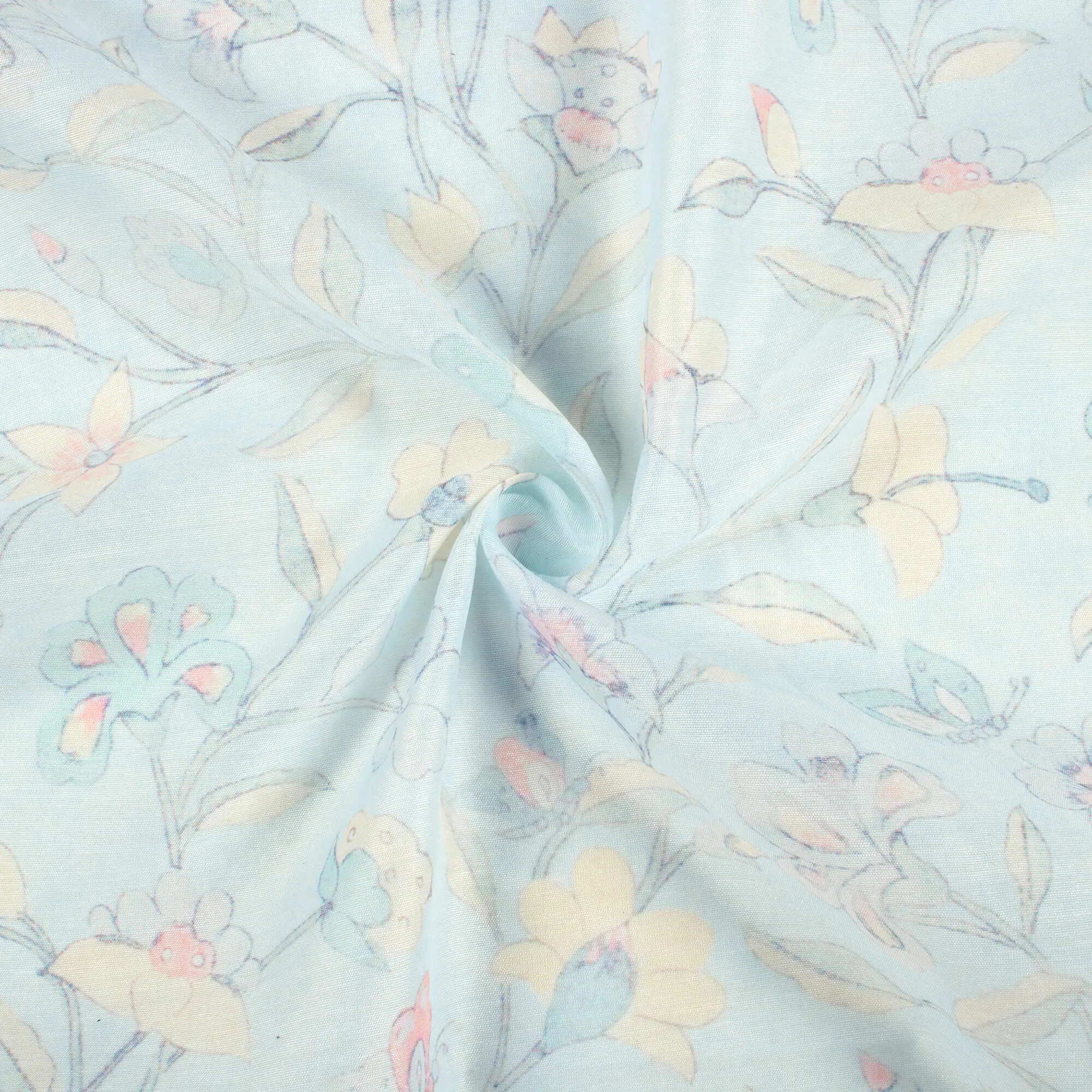 Baby Blue And Pastel Yellow Floral Pattern Digital Print Chanderi Fabric