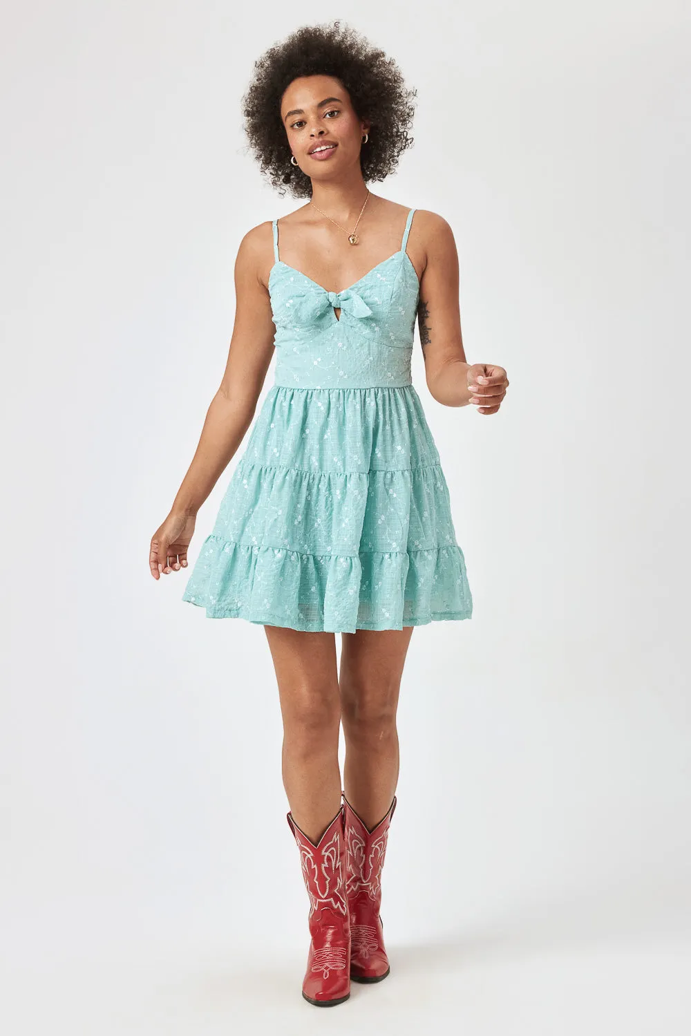 Baby Blue Tie Front Embroidery Dress