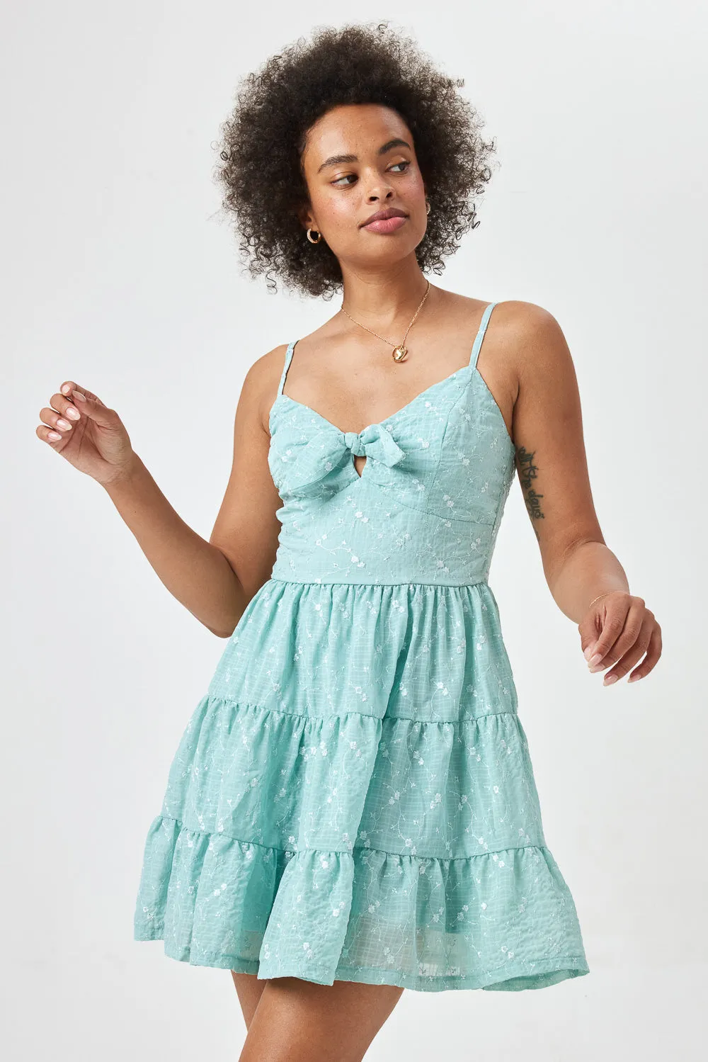 Baby Blue Tie Front Embroidery Dress