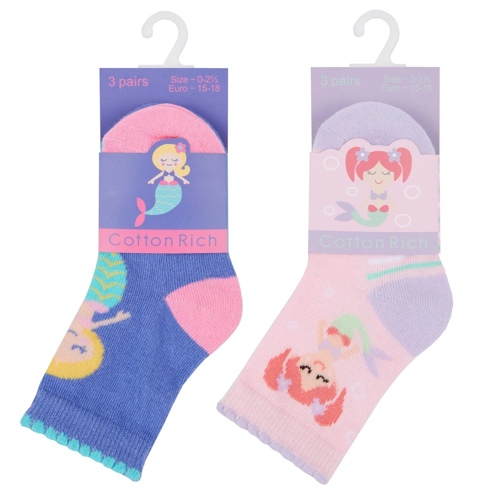 Baby Girls 3 Pack Cotton Rich Mermaid Design Ankle Socks (SHOE SIZE 0-2.5) 44B798