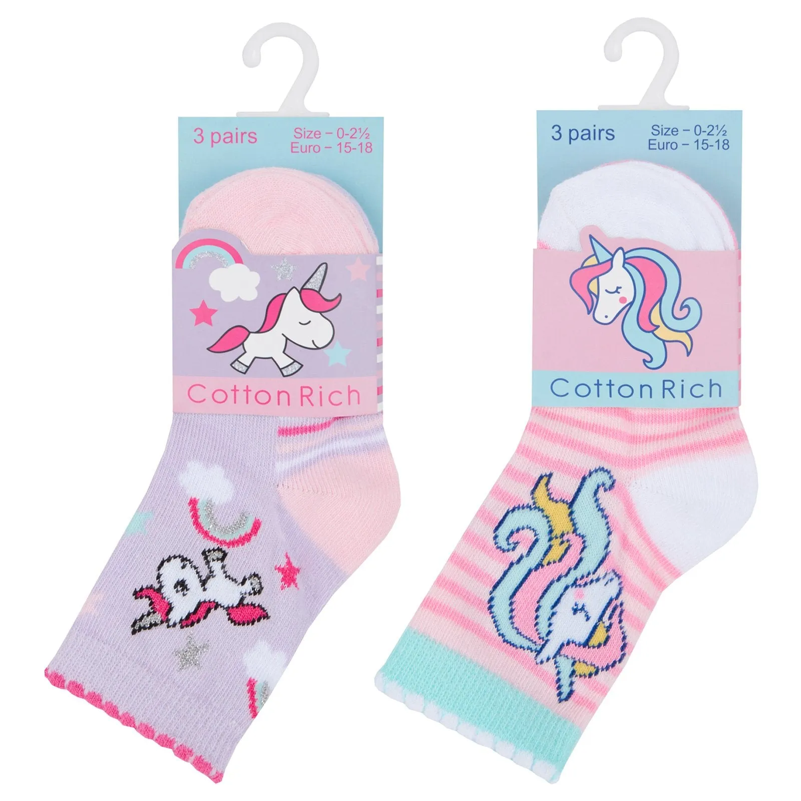 Baby Girls 3 Pack Cotton Rich Unicorn Design Ankle Socks (Shoe Size 0-2.5) 44B802