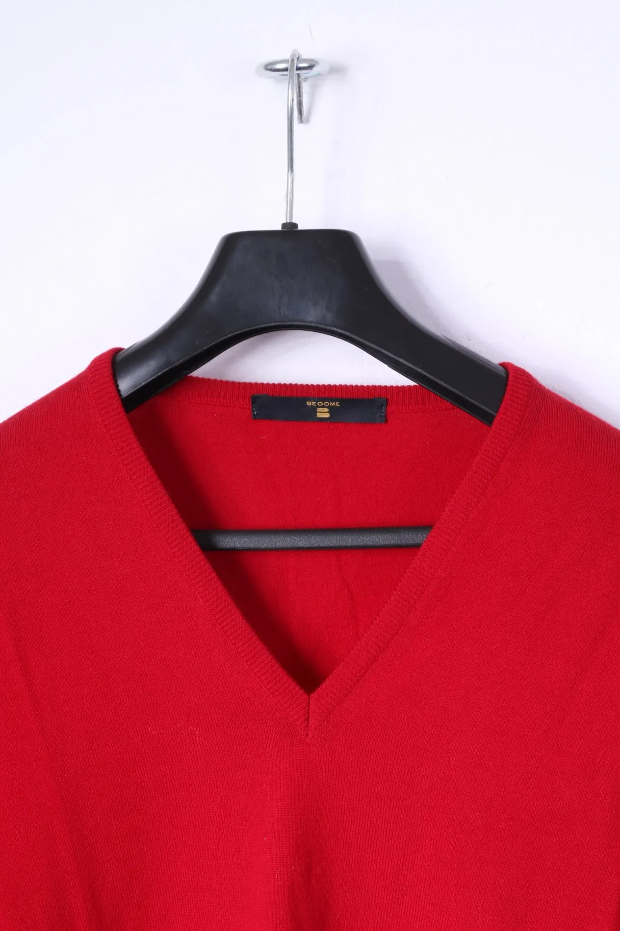 BECOME Mens L Jumper Red 100% Wool Soft V Neck Sweater Top