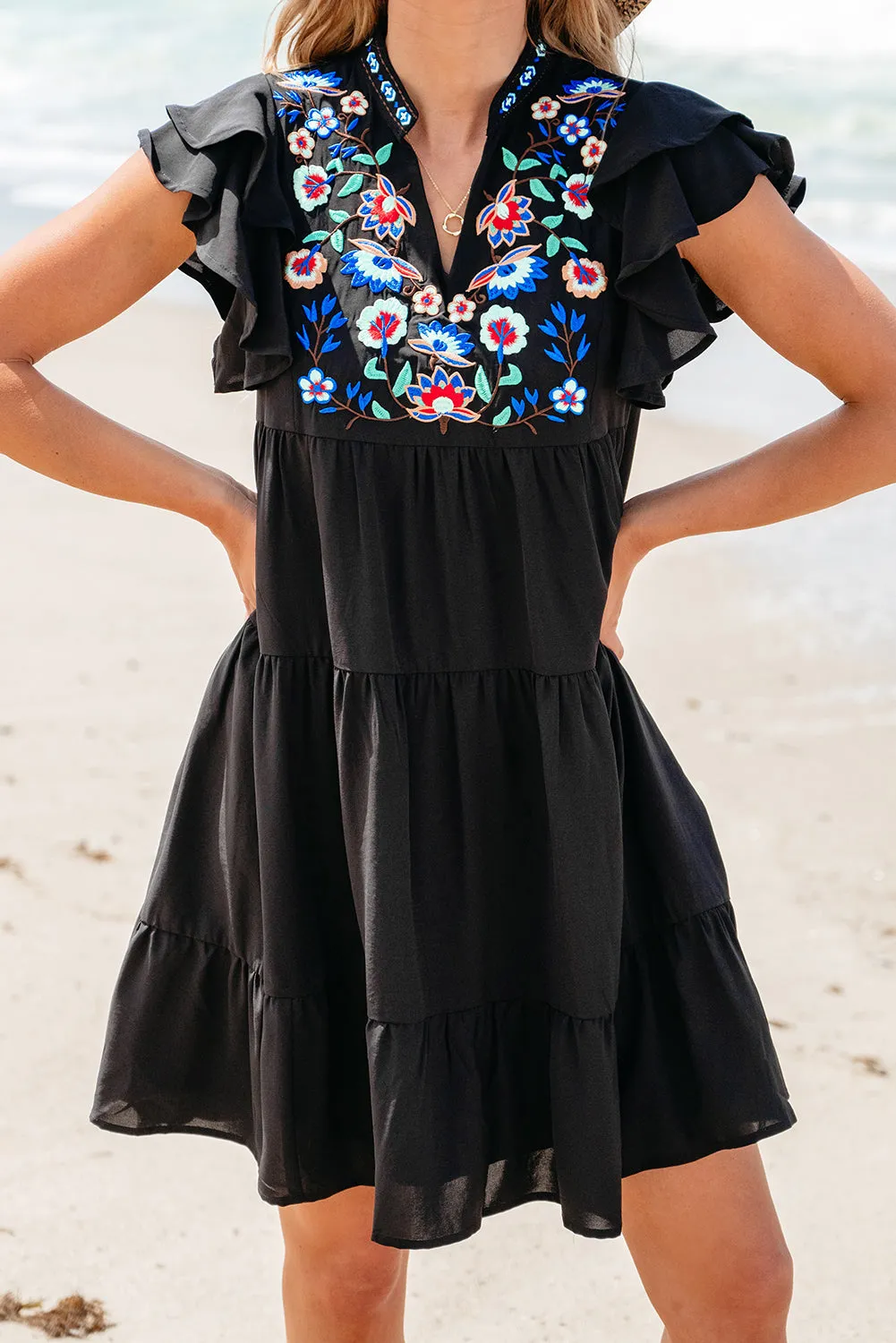 Black Floral Embroidered Tiered Ruffled Mini Dress