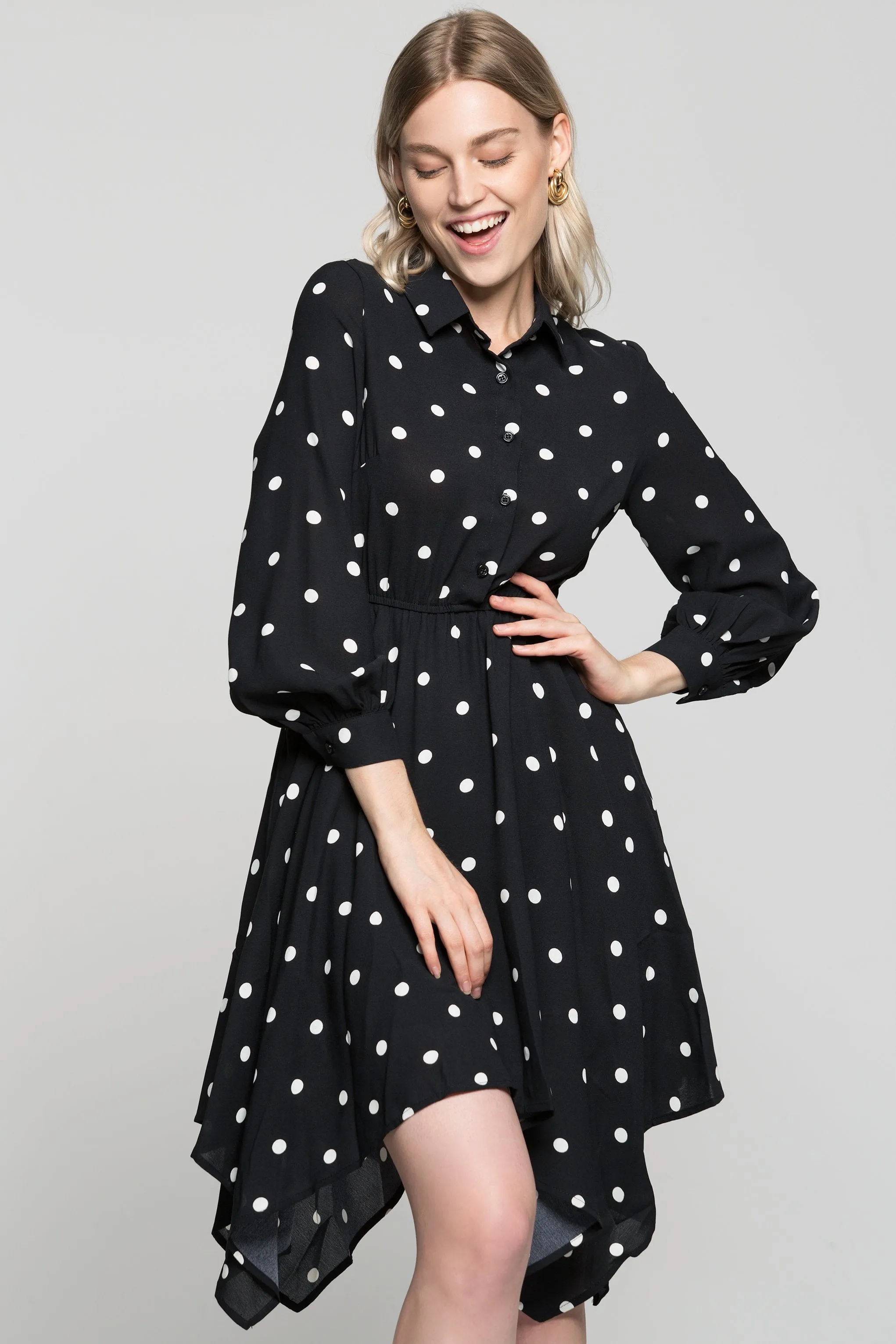 Black Full Sleeves Collared Neck White Polka Dots Dress