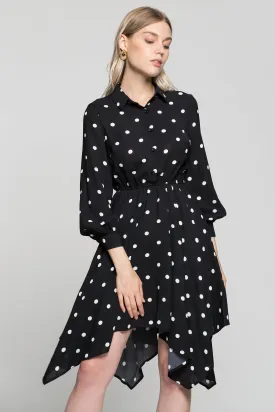 Black Full Sleeves Collared Neck White Polka Dots Dress