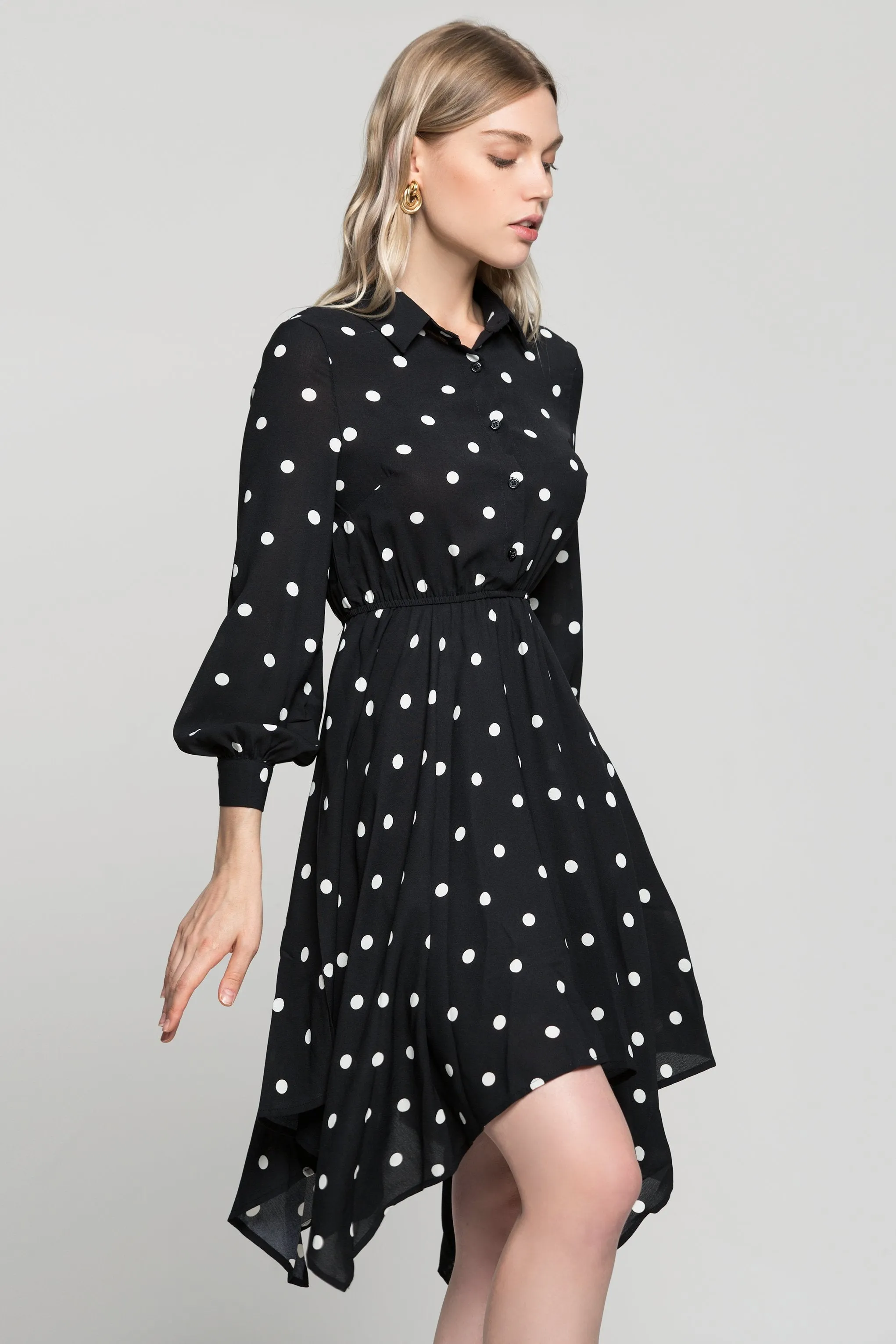 Black Full Sleeves Collared Neck White Polka Dots Dress