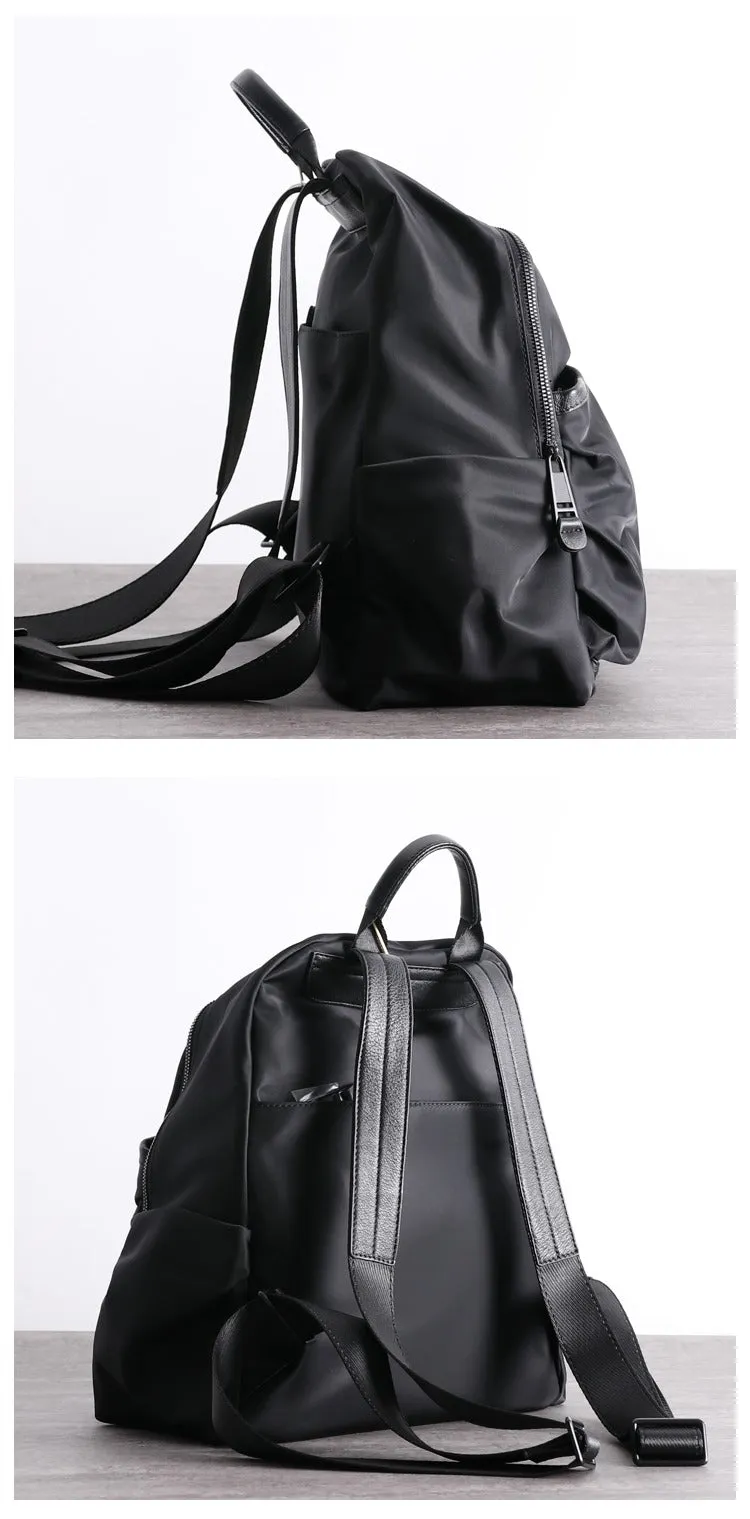 Black Nylon Backpack Womens School Backpack Purse Black Nylon Leather Travel Rucksack for Ladies