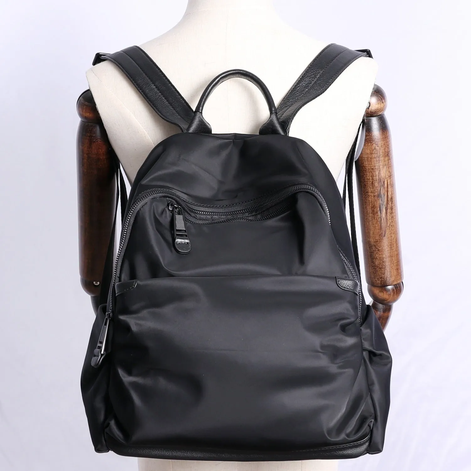 Black Nylon Backpack Womens School Backpack Purse Black Nylon Leather Travel Rucksack for Ladies