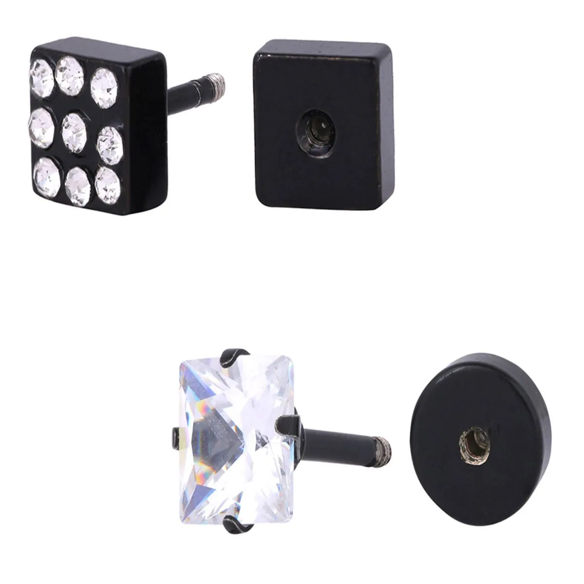 Black Rhodium Squre Stainless Steel With Cz Stone 2 Pair Stud Earring