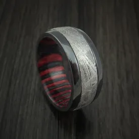 Black Titanium Men's Ring with Gibeon Meteorite and Applejack Wood Sleeve Custom Made Band