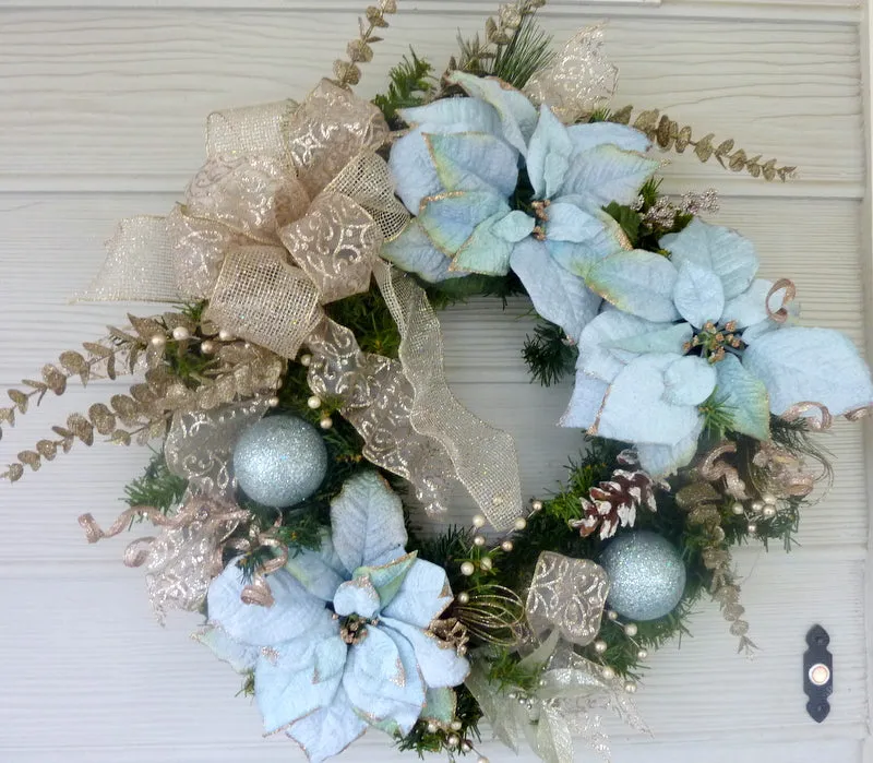 Blue Poinsettia Christmas Wreath, Holiday decorations