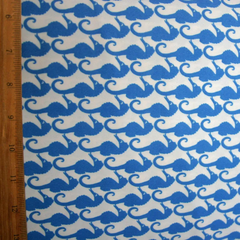 Blue Seahorses on White Nylon Lycra Swimsuit Fabric