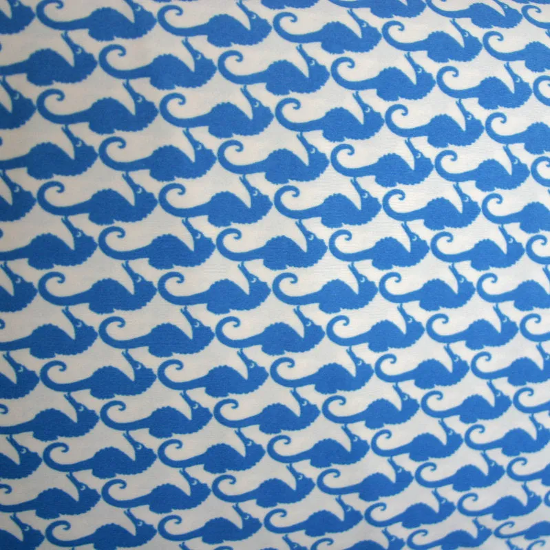 Blue Seahorses on White Nylon Lycra Swimsuit Fabric