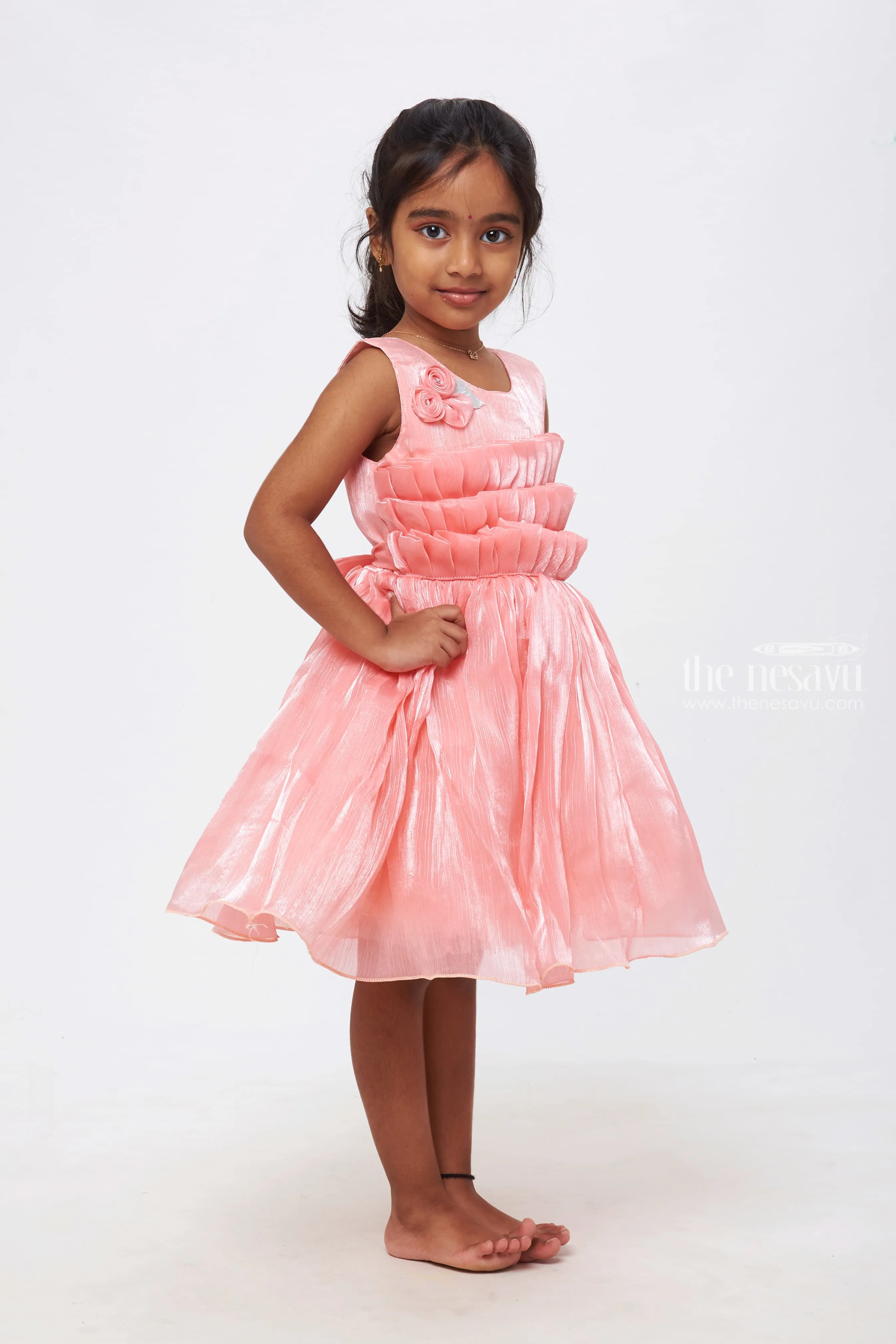 Blush Blossom: Girls Pink Tulle Frock with Rosette Accents