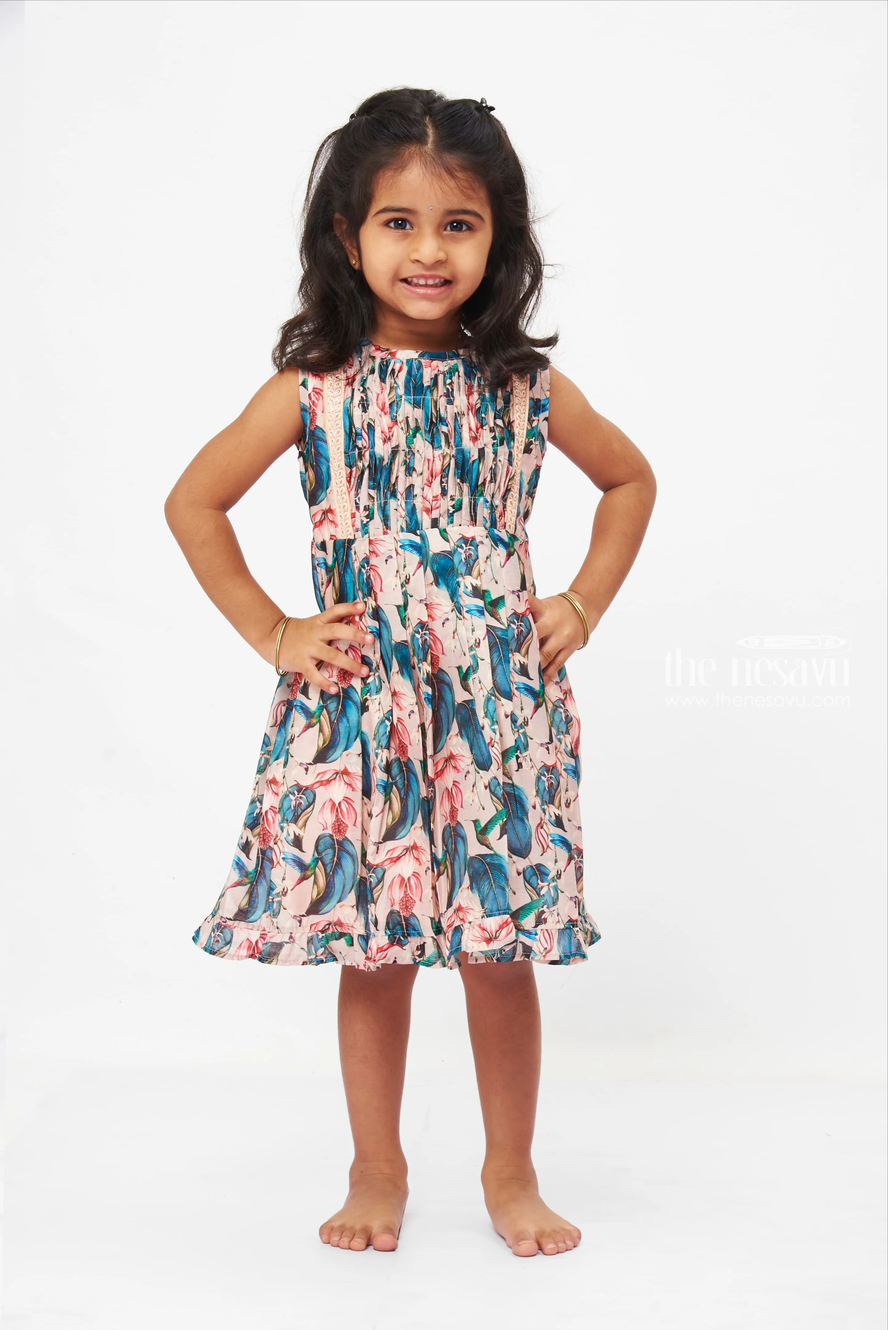 Botanical Bliss Cotton Frock: Girls' Floral Dress with Lace Trim Detail