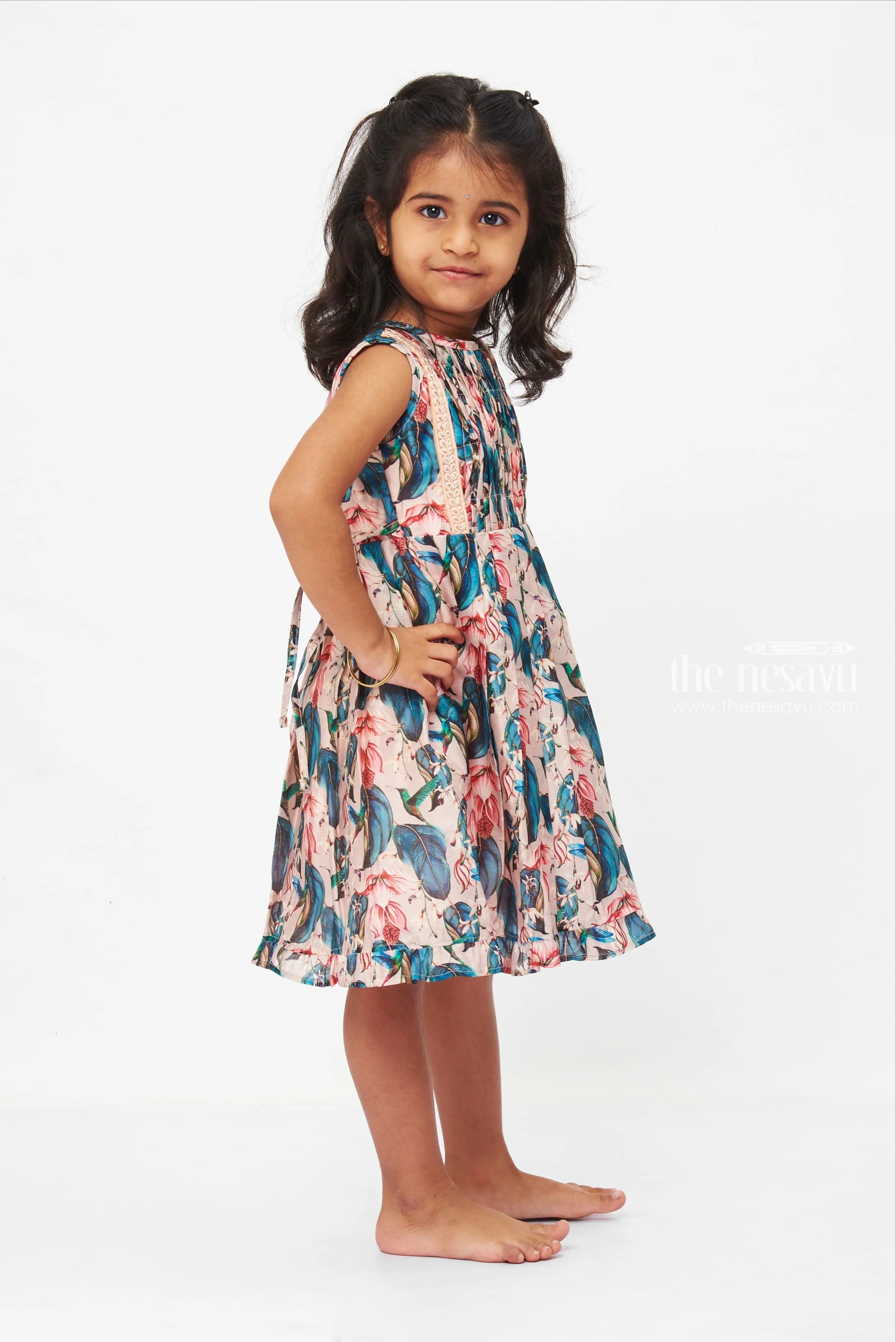 Botanical Bliss Cotton Frock: Girls' Floral Dress with Lace Trim Detail