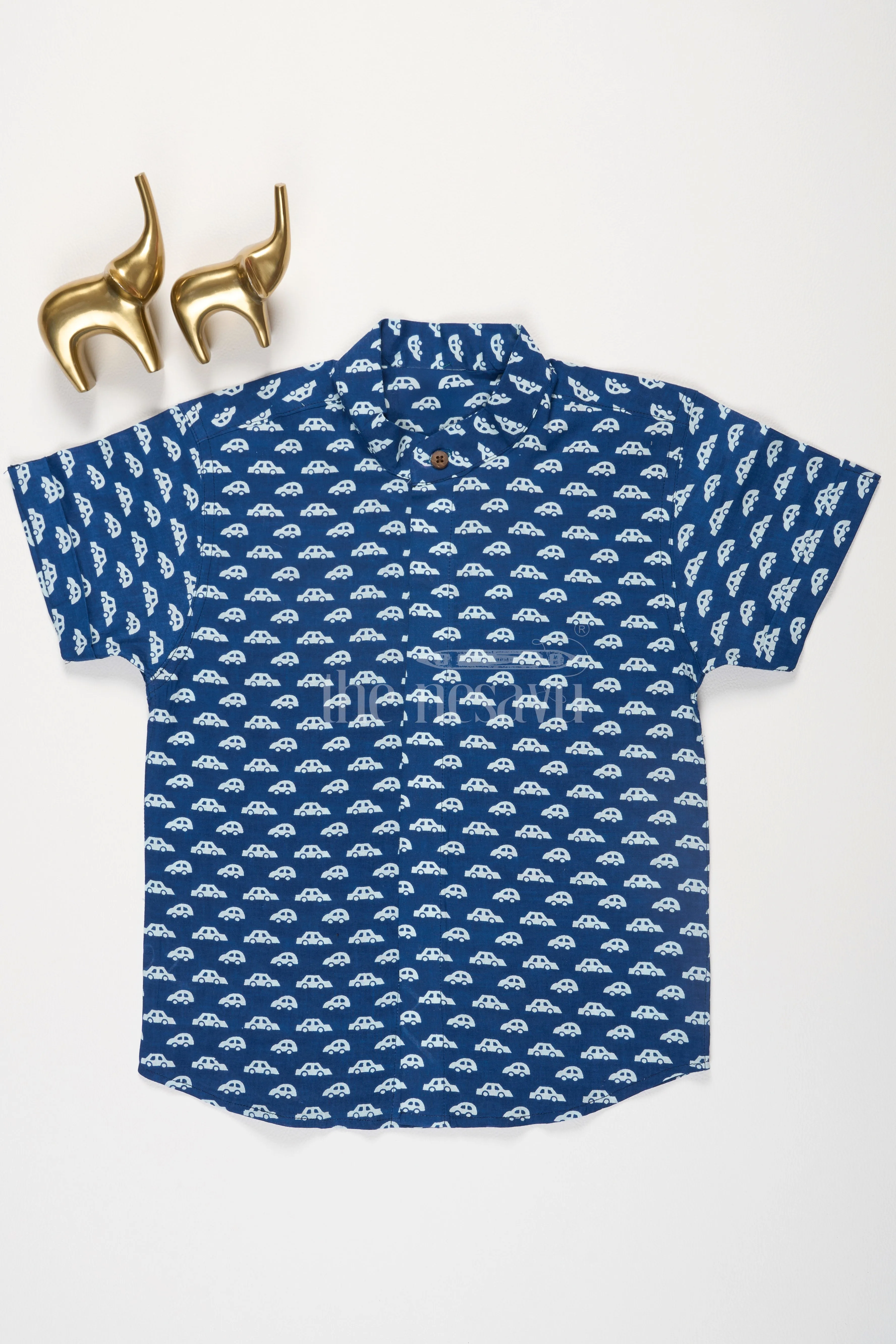 Boys Blue Cotton Shirt with Bold White Car Print for Casual Formal Outings