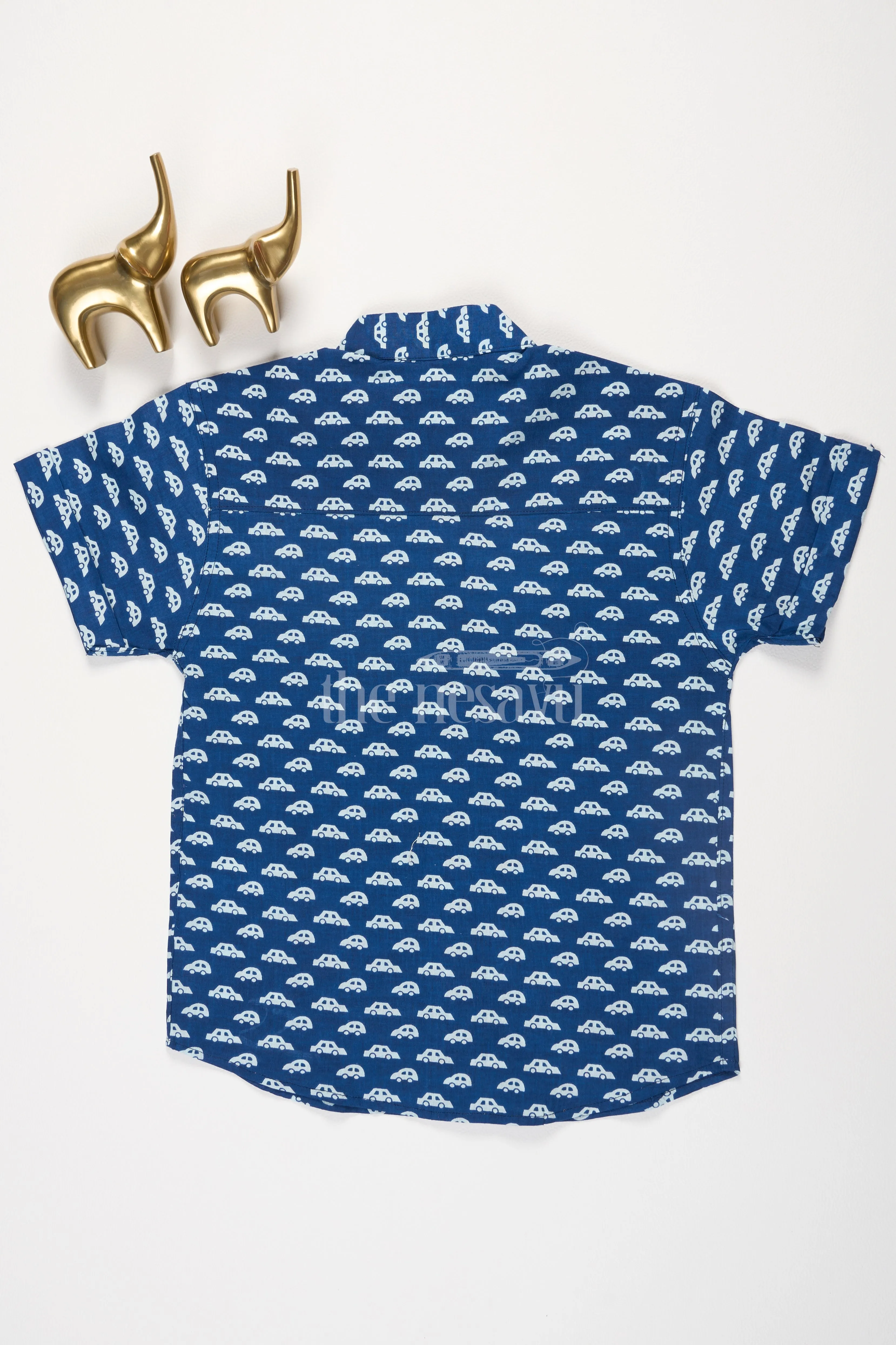 Boys Blue Cotton Shirt with Bold White Car Print for Casual Formal Outings