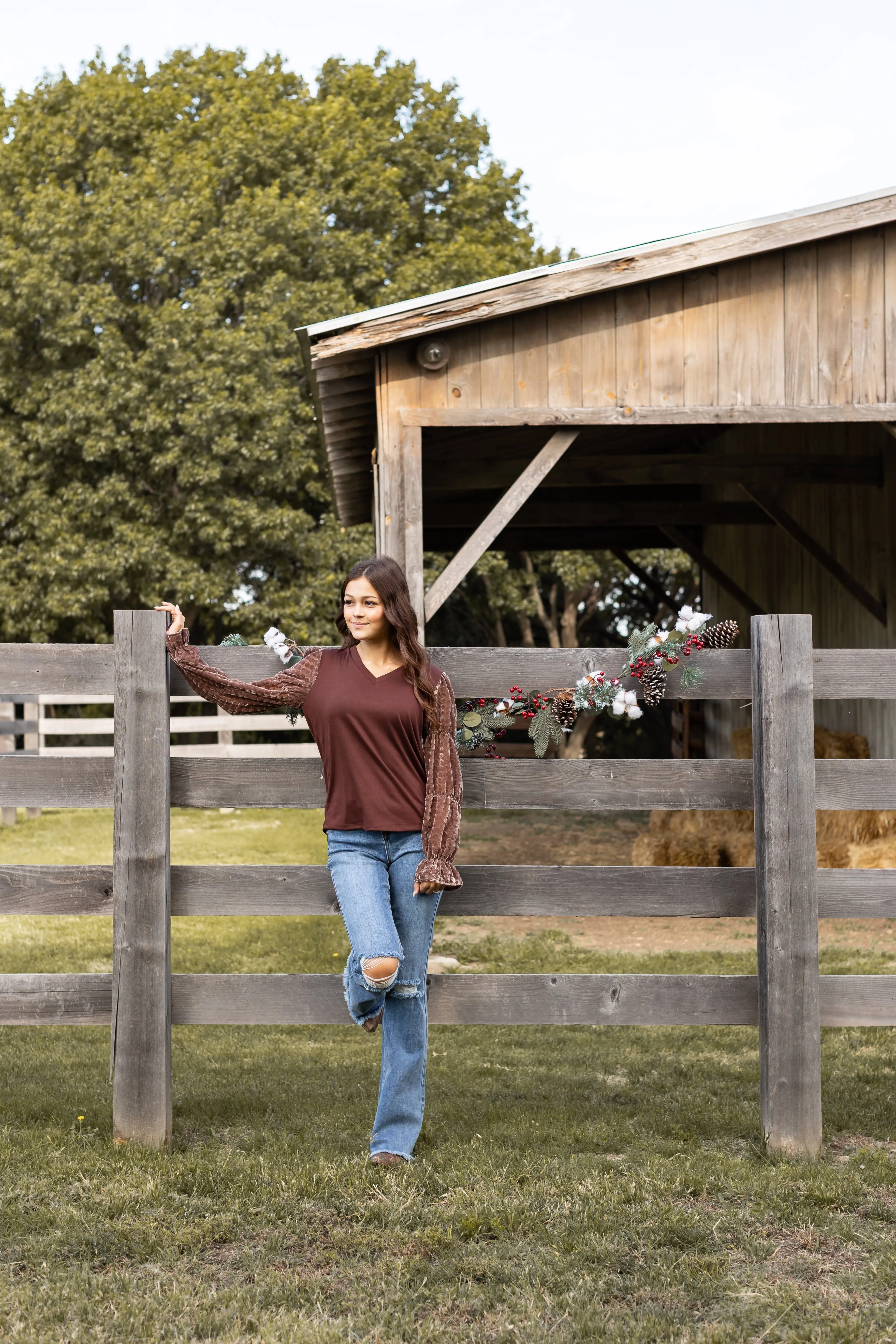 Brown Top With Burnout Velvet Sleeves