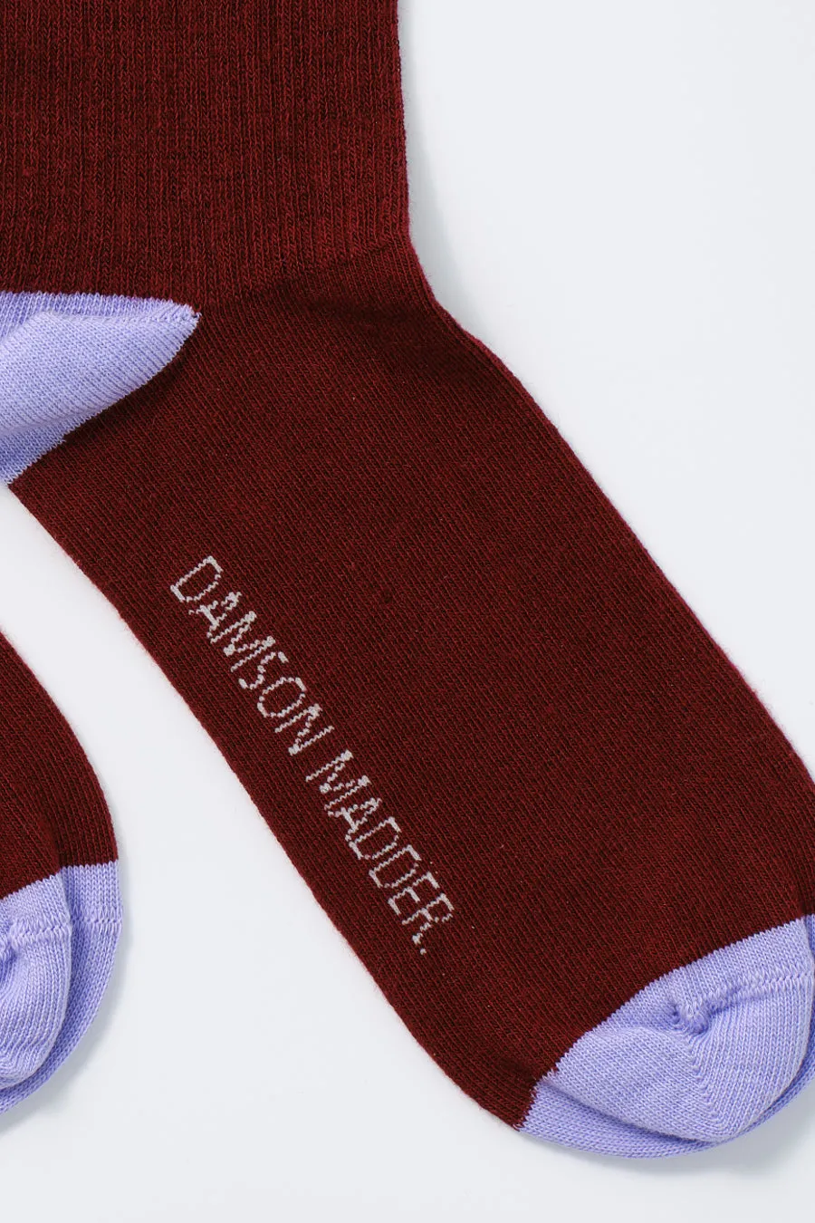 calf length socks - burgundy & lilac stripe